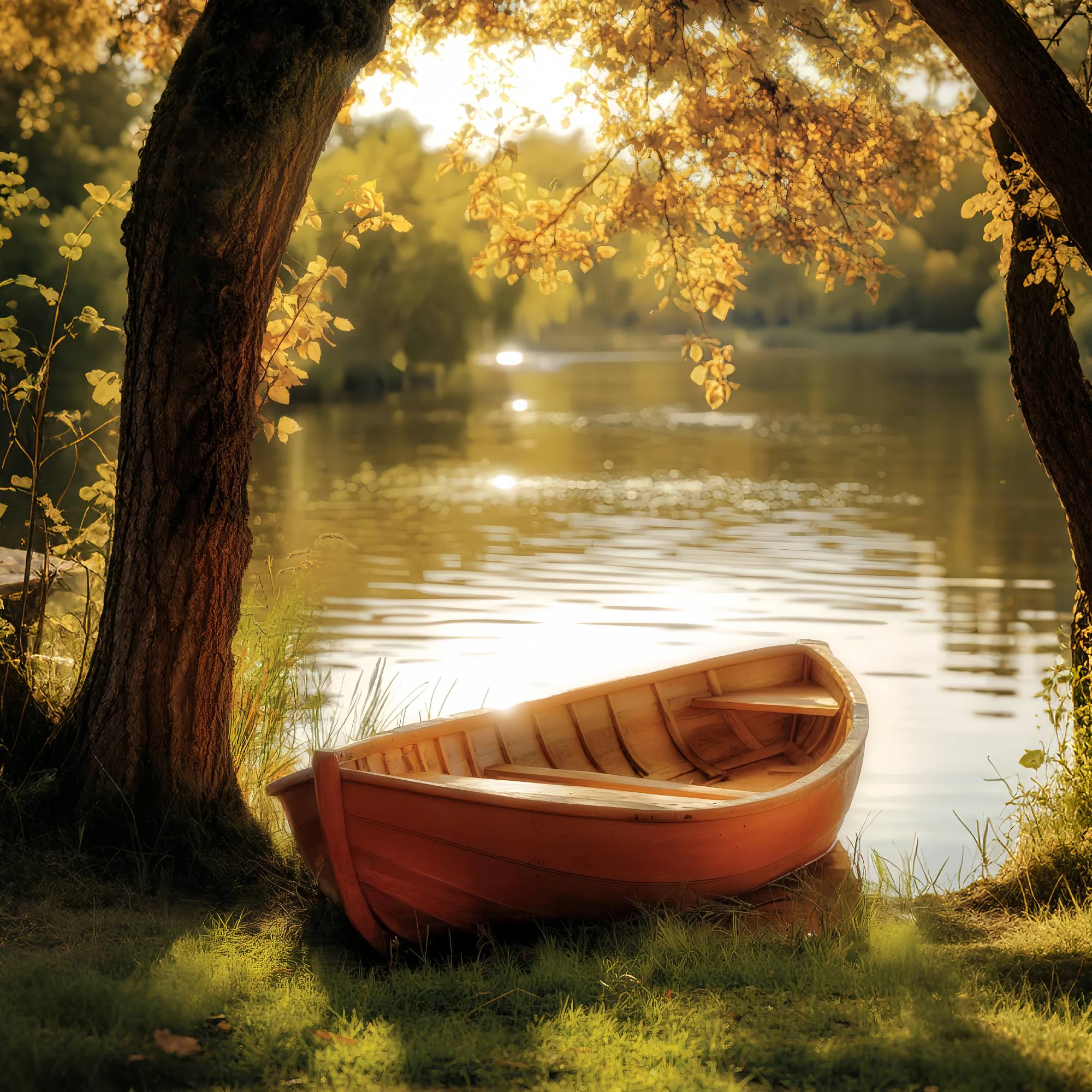 Fall Photography Backdrops Golden Rowboat Lakeside Tranquility Forest Backdrop LXX58-180