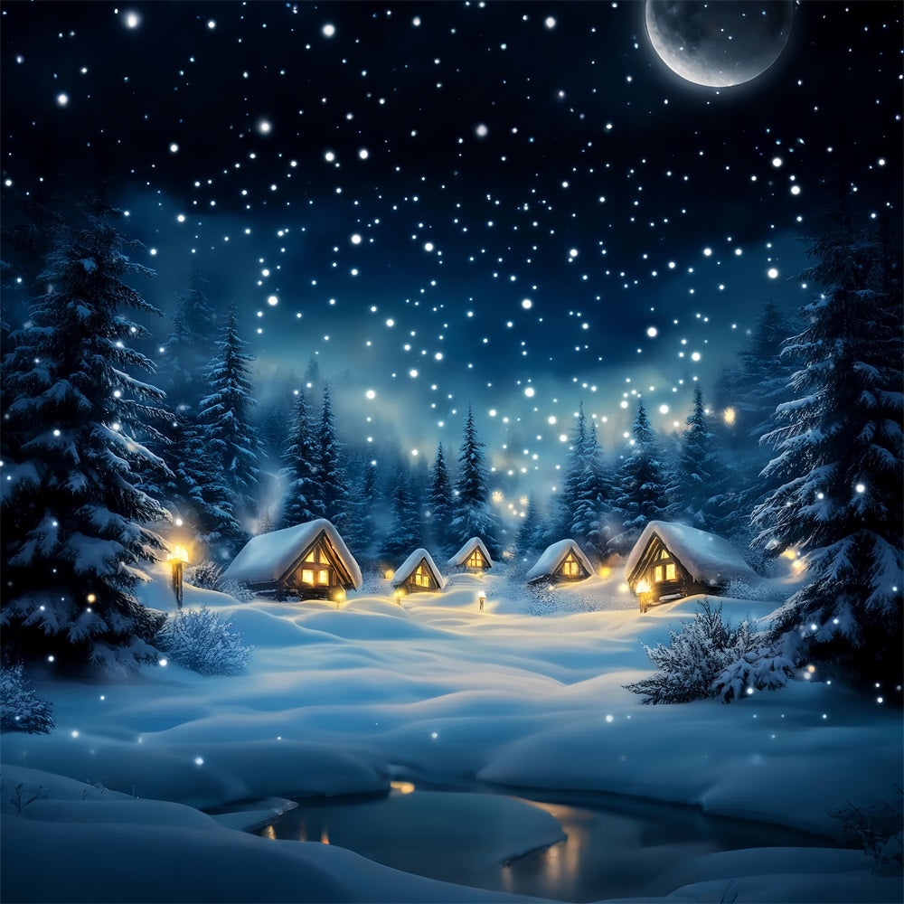 Winter Sky Backdrop Snowy Cabin Forest Night Winter Backdrop LXX58-216