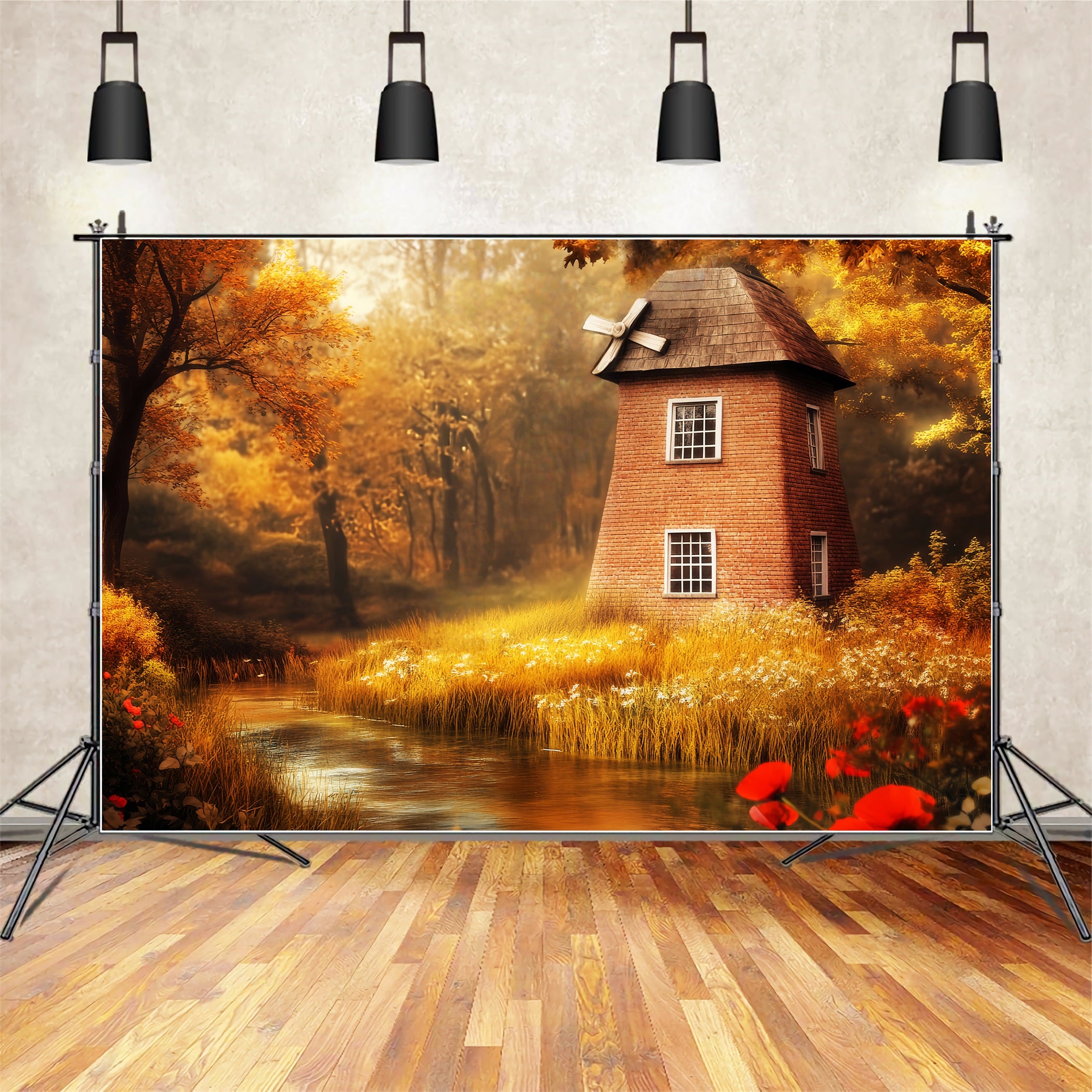 Fall Forest Autumn Windmill Golden River Fantasy Forest Backdrop LXX58-295