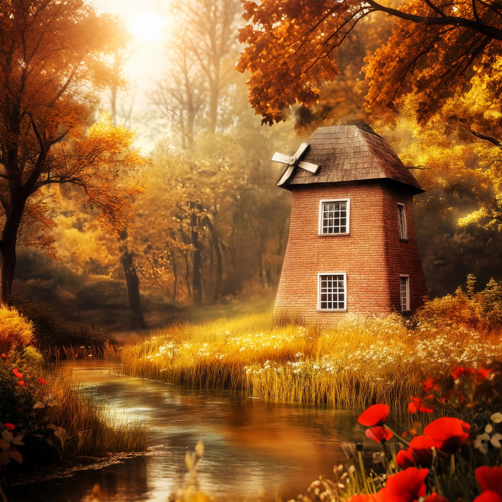 Fall Forest Autumn Windmill Golden River Fantasy Forest Backdrop LXX58-295