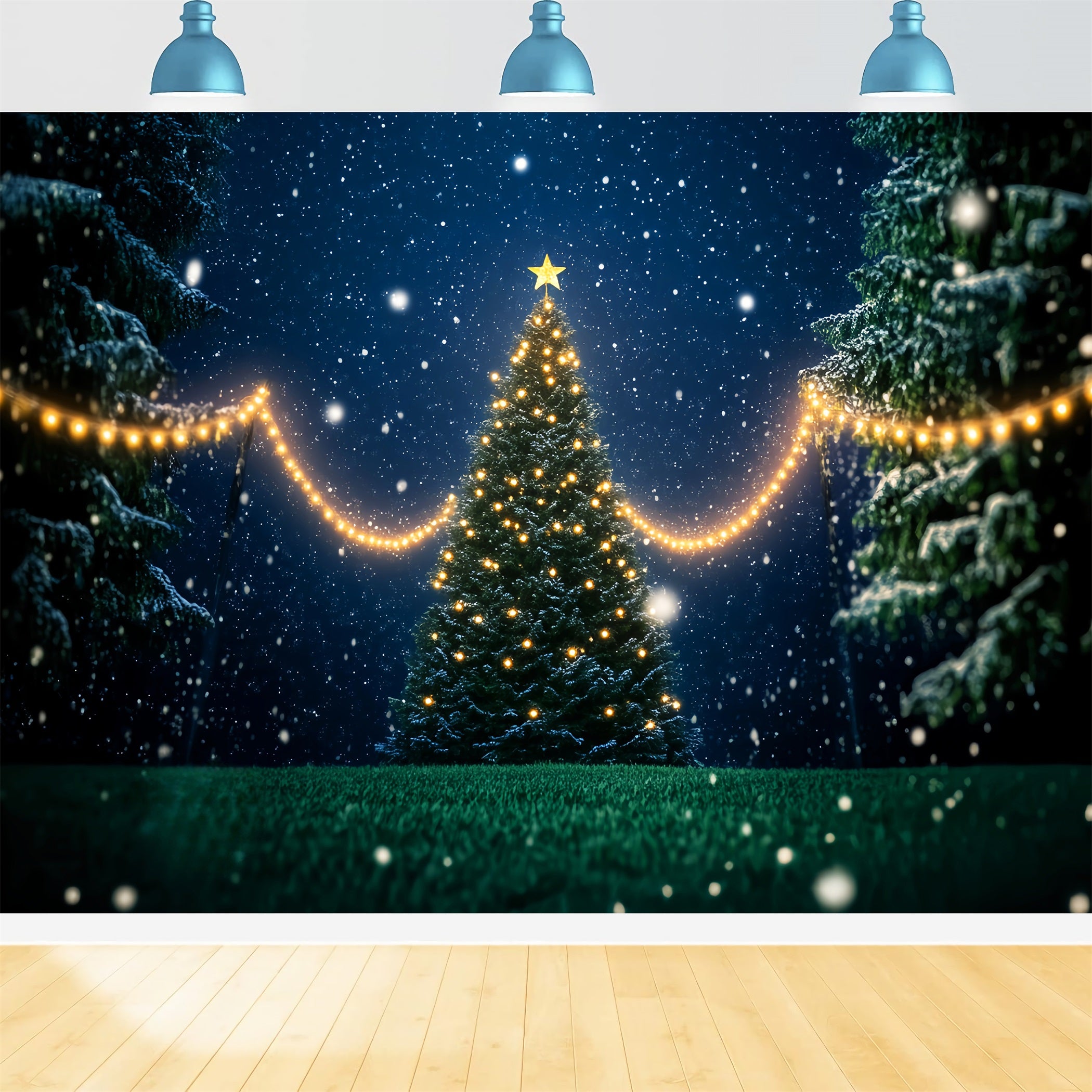 Night Forest Snowy Christmas Tree Lights Snowy Forest Backdrop LXX58-302
