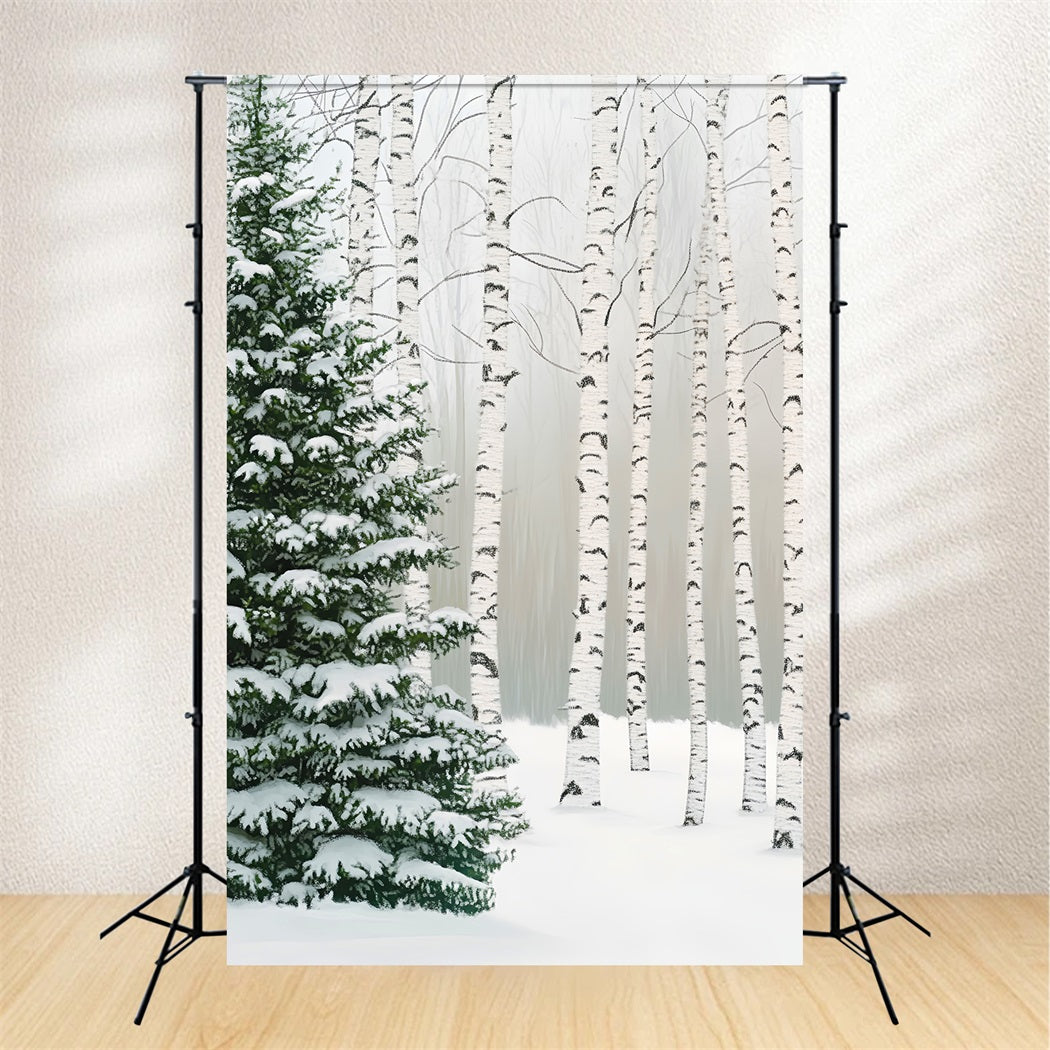 Pine Forest Birch Grove Snow Pines Winter Forest Photography Backdrop LXX58-307