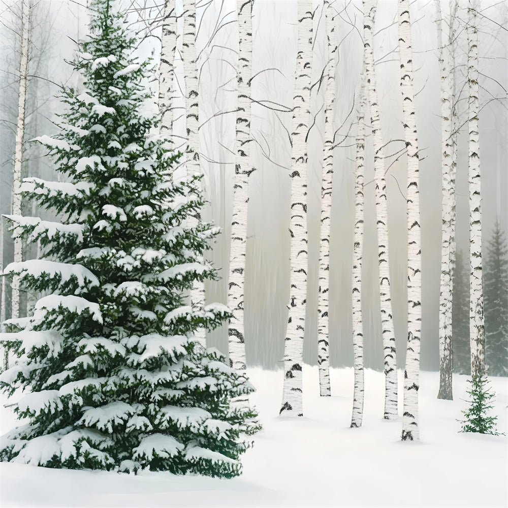 Pine Forest Birch Grove Snow Pines Winter Forest Photography Backdrop LXX58-307