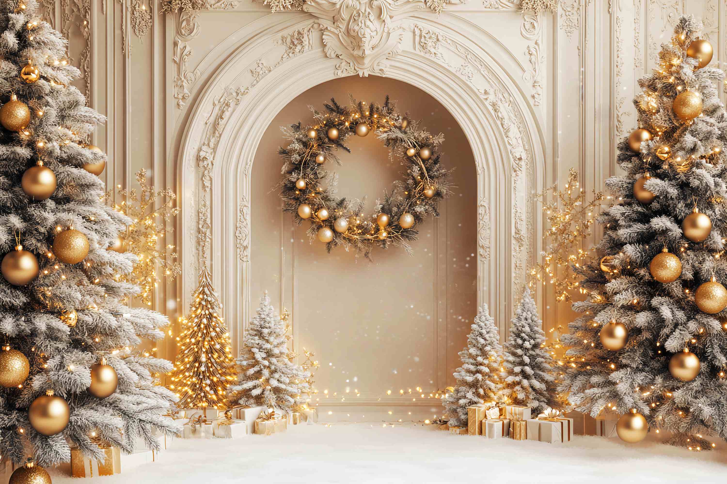 White Christmas Backdrop Golden Frosted Palace Trees Christmas Backdrop ideas LXX58-54
