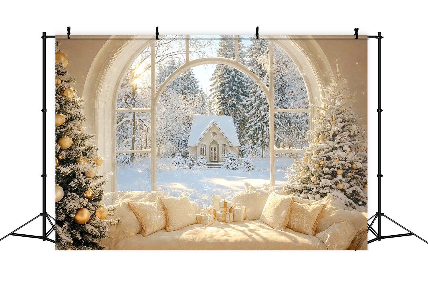 Christmas Backdrop Photography Golden Winter Cottage Window Christmas Photography Backdrops LXX58-73