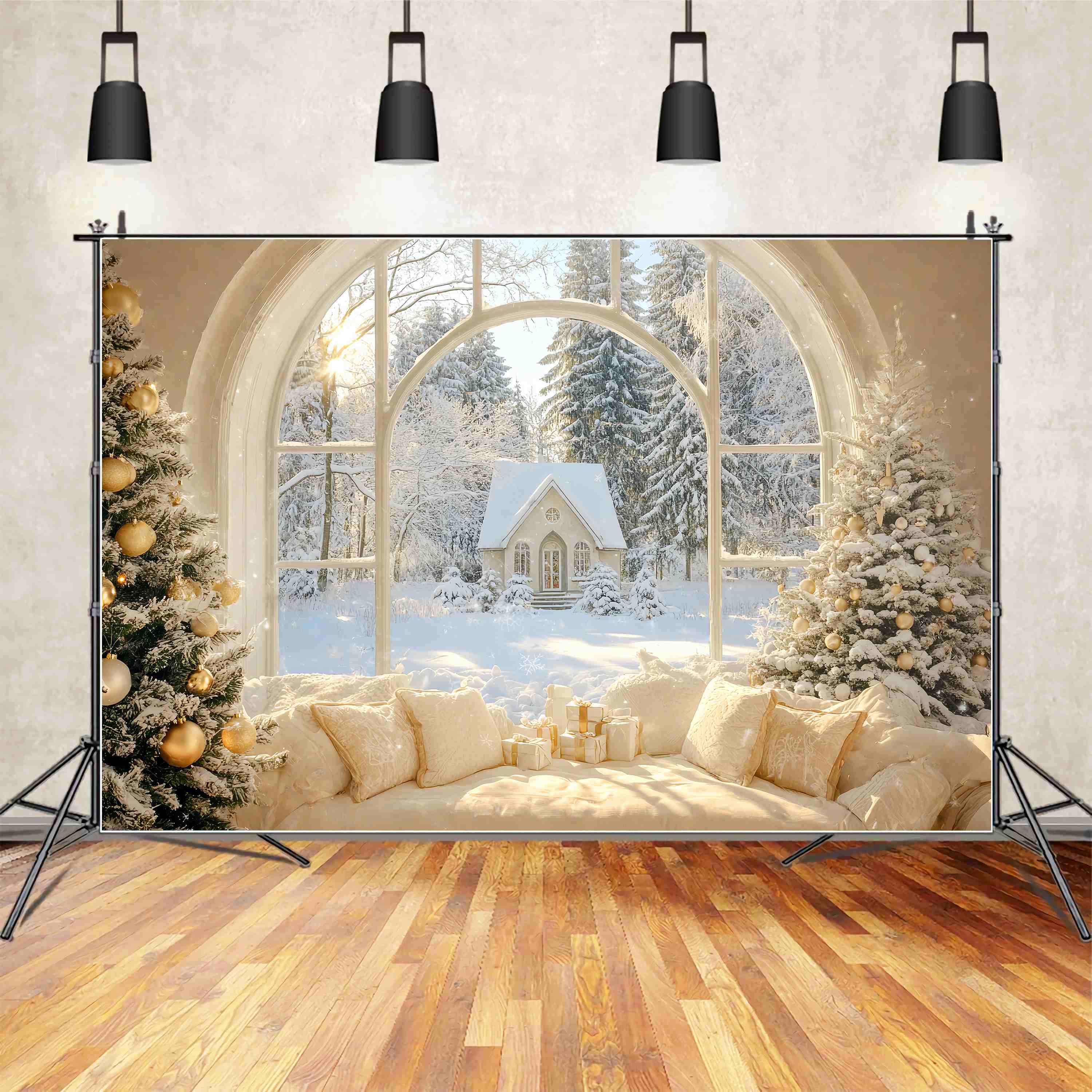 Christmas Backdrop Photography Golden Winter Cottage Window Christmas Photography Backdrops LXX58-73