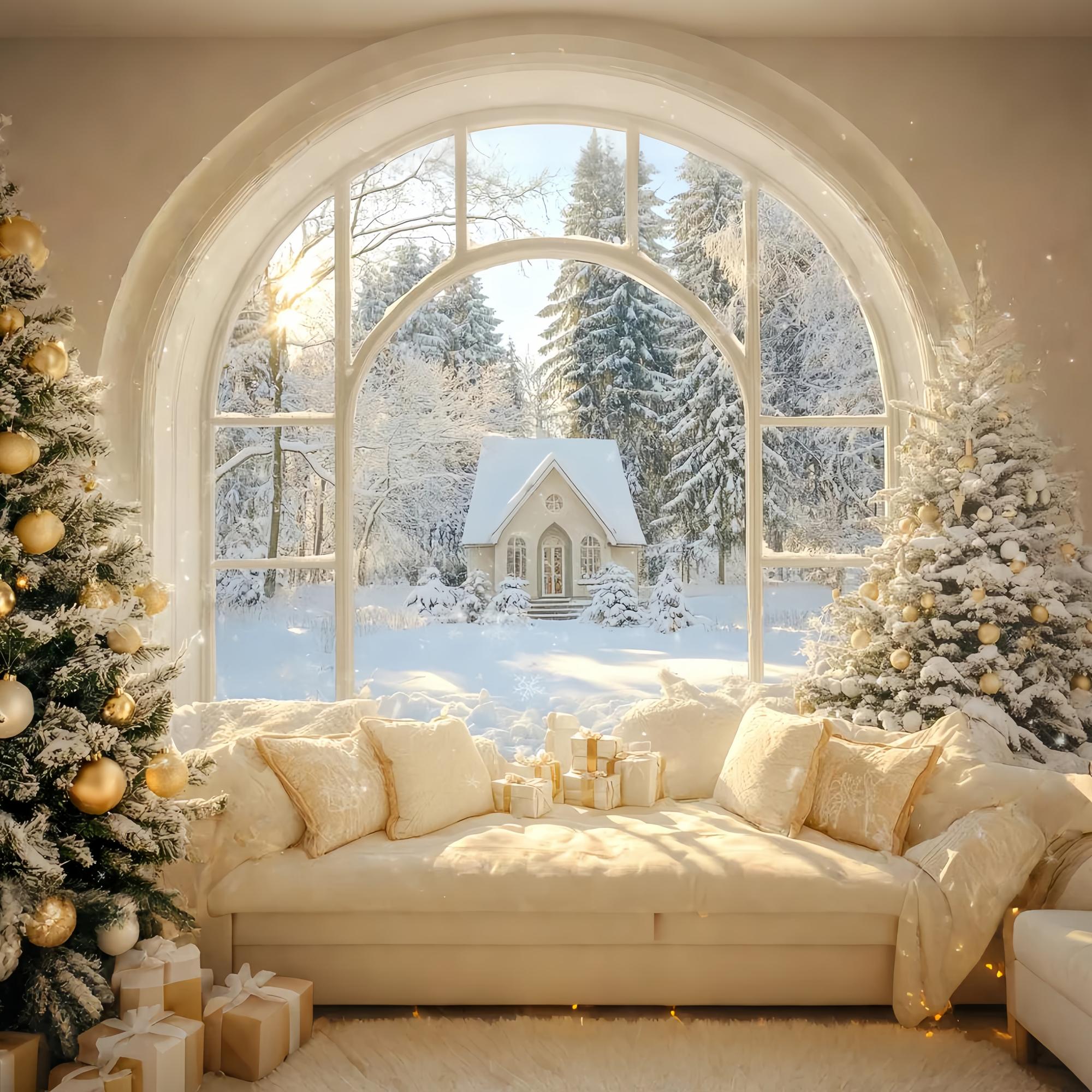 Christmas Backdrop Photography Golden Winter Cottage Window Christmas Photography Backdrops LXX58-73