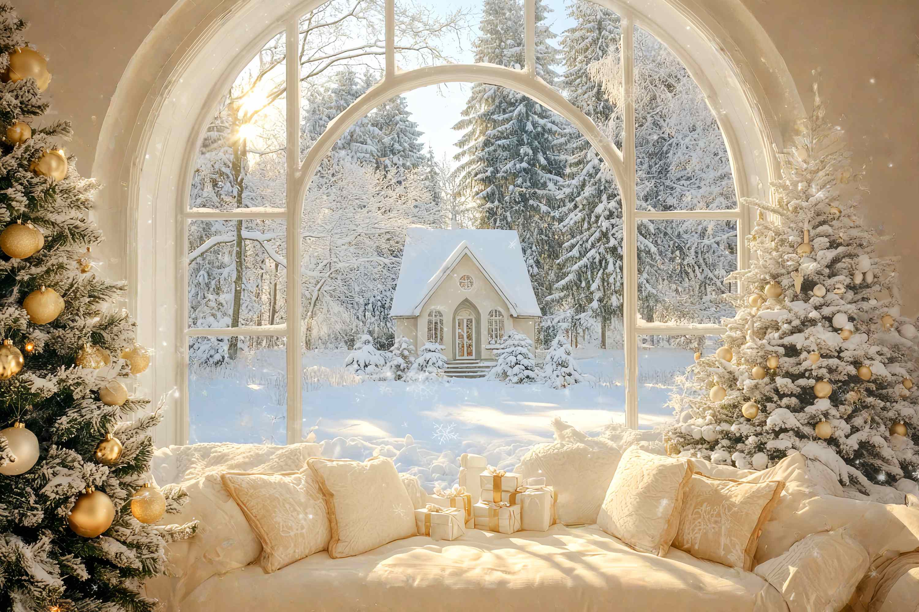 Christmas Backdrop Photography Golden Winter Cottage Window Christmas Photography Backdrops LXX58-73