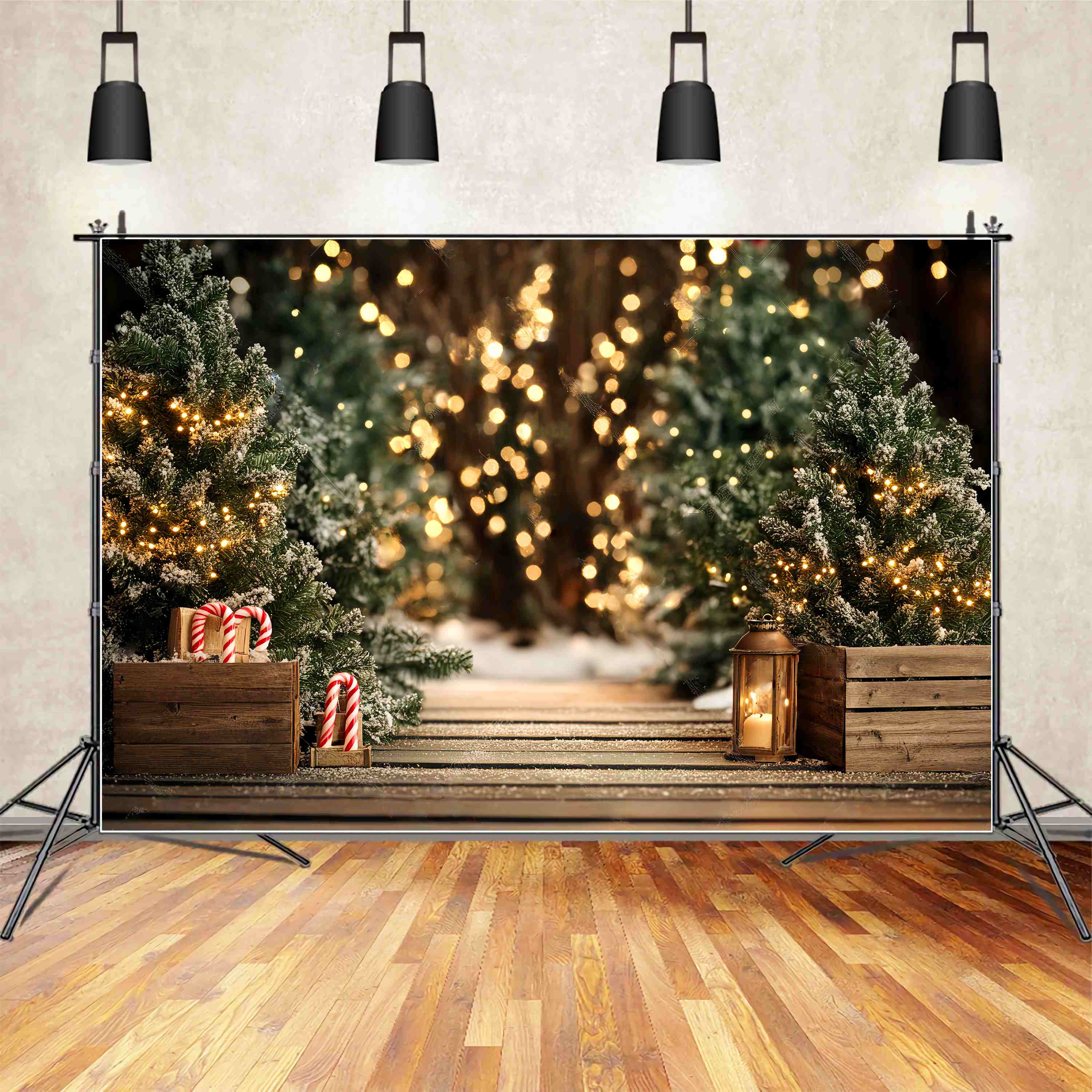Christmas Tree Backdrop Snowy Pine Pathway Lights Christmas Photography Backdrops LXX58-77