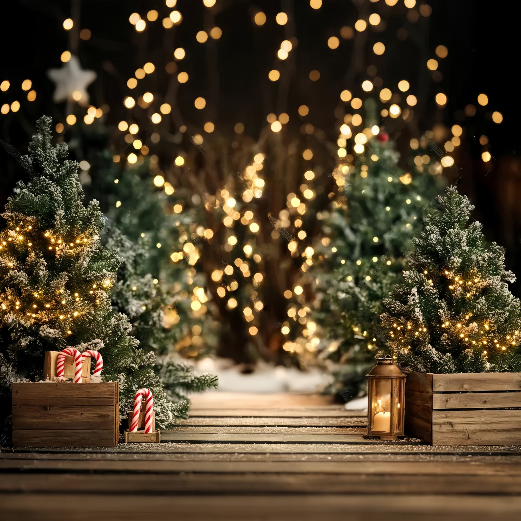 Christmas Tree Backdrop Snowy Pine Pathway Lights Christmas Photography Backdrops LXX58-77
