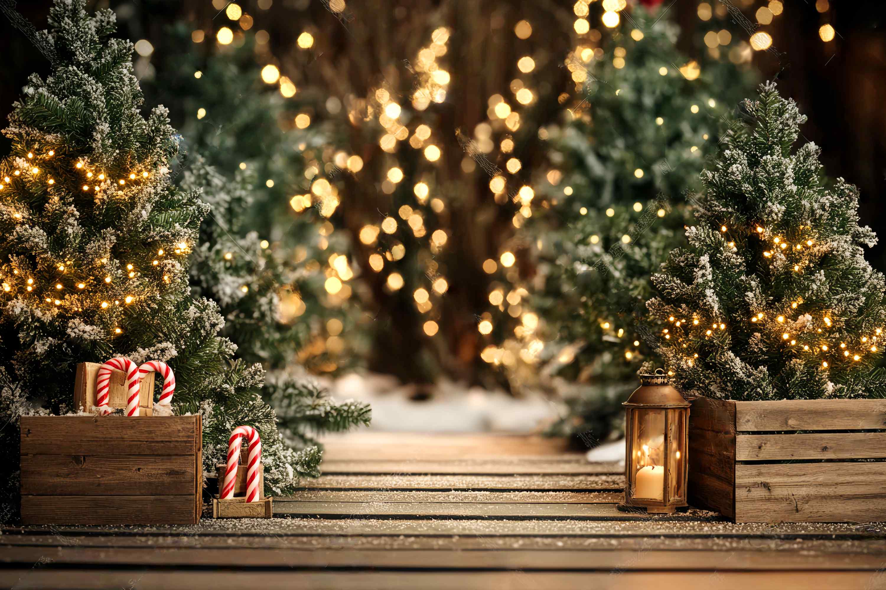 Christmas Tree Backdrop Snowy Pine Pathway Lights Christmas Photography Backdrops LXX58-77