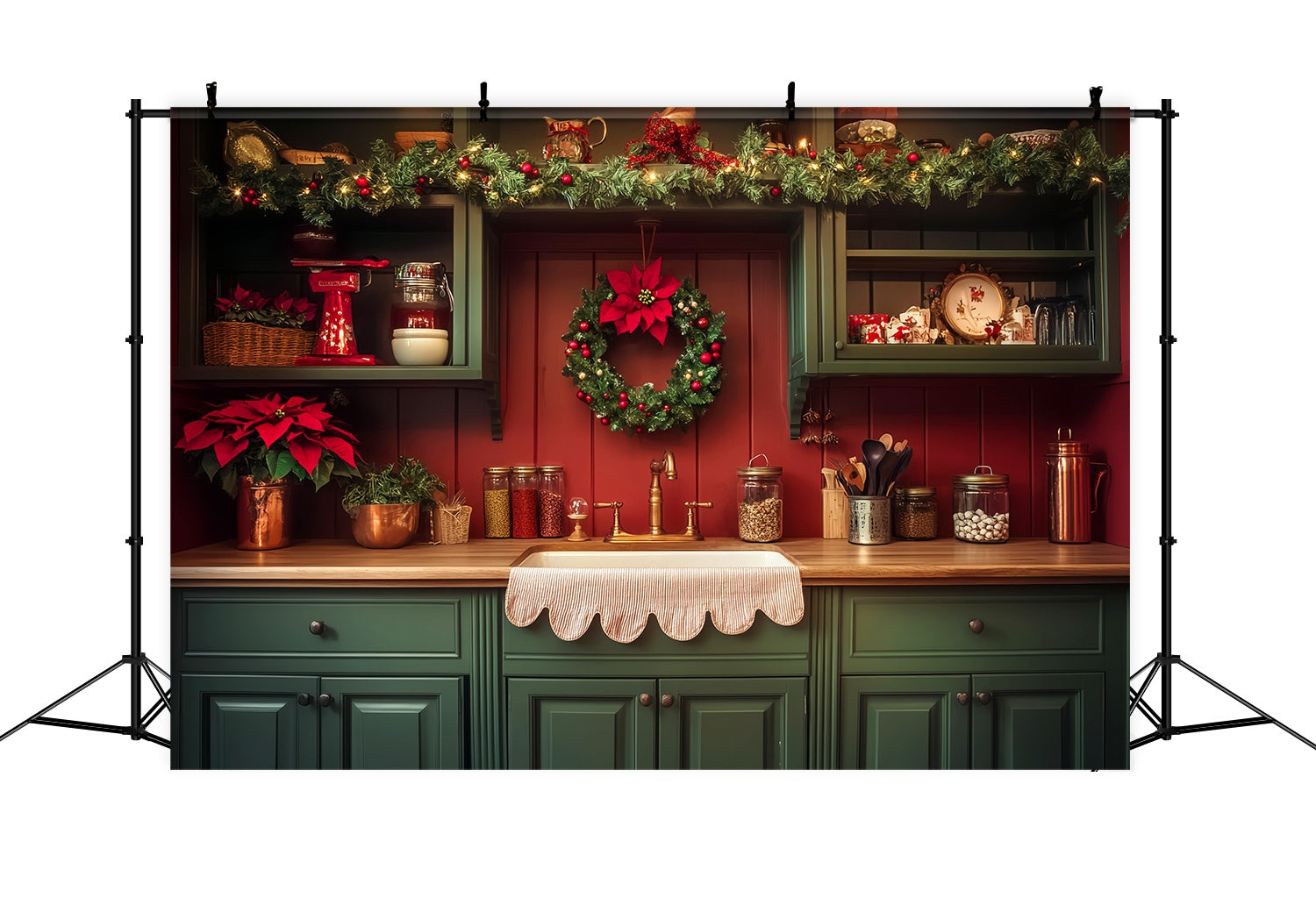 Christmas Kitchen Backdrop Farmhouse Garland Wreath Kitchen Christmas Backdrops LXX58-78