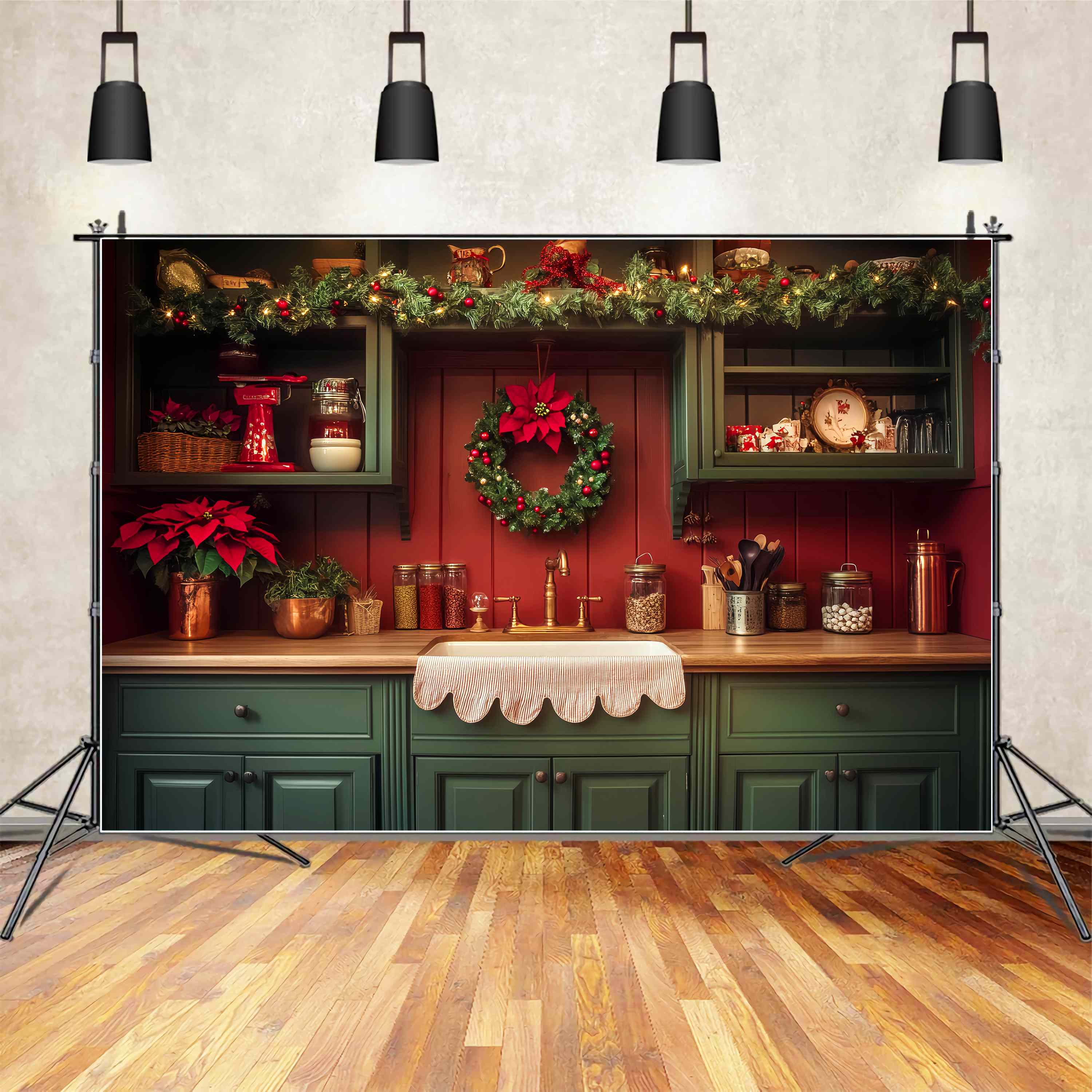 Christmas Kitchen Backdrop Farmhouse Garland Wreath Kitchen Christmas Backdrops LXX58-78