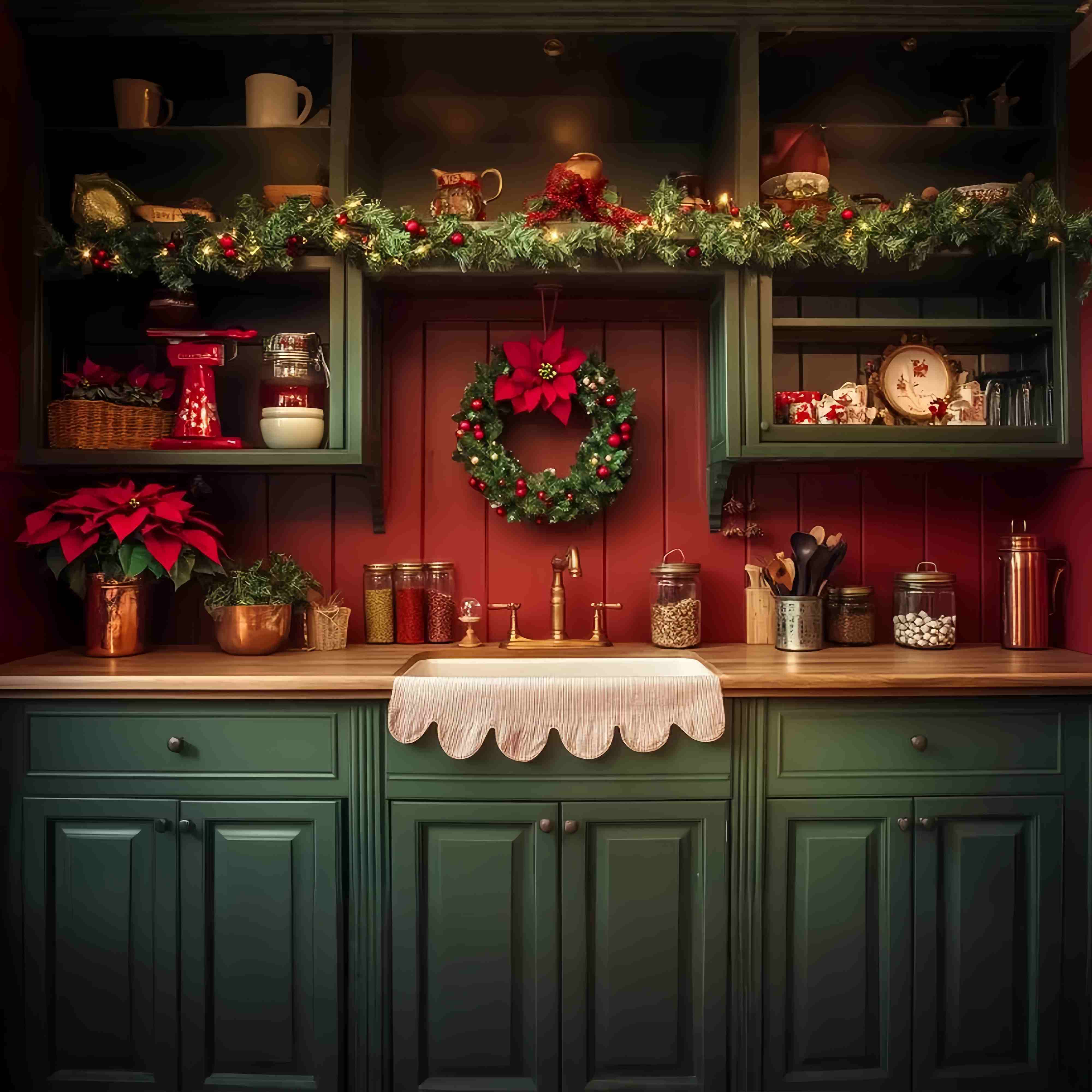 Christmas Kitchen Backdrop Farmhouse Garland Wreath Kitchen Christmas Backdrops LXX58-78