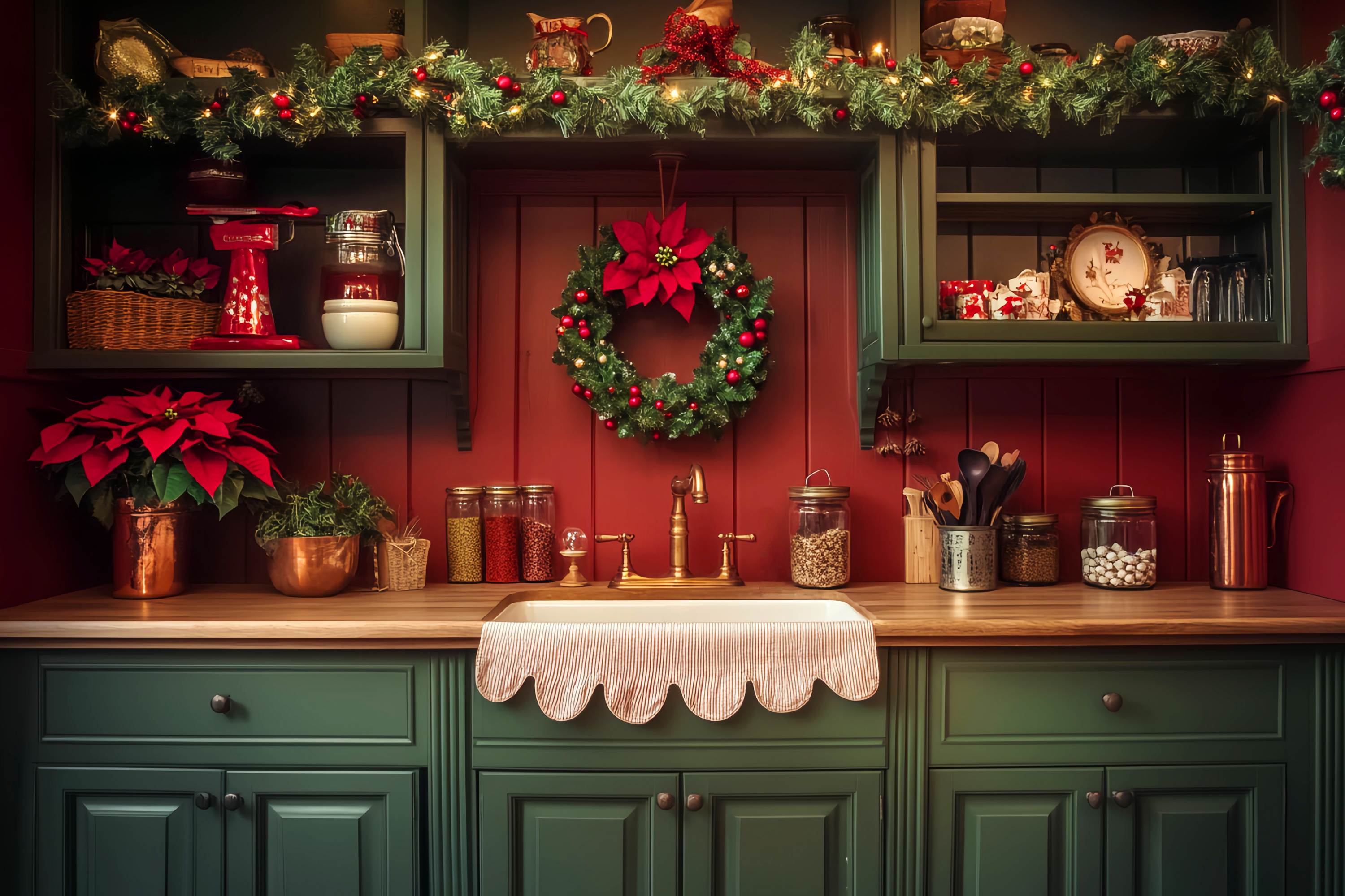 Christmas Kitchen Backdrop Farmhouse Garland Wreath Kitchen Christmas Backdrops LXX58-78