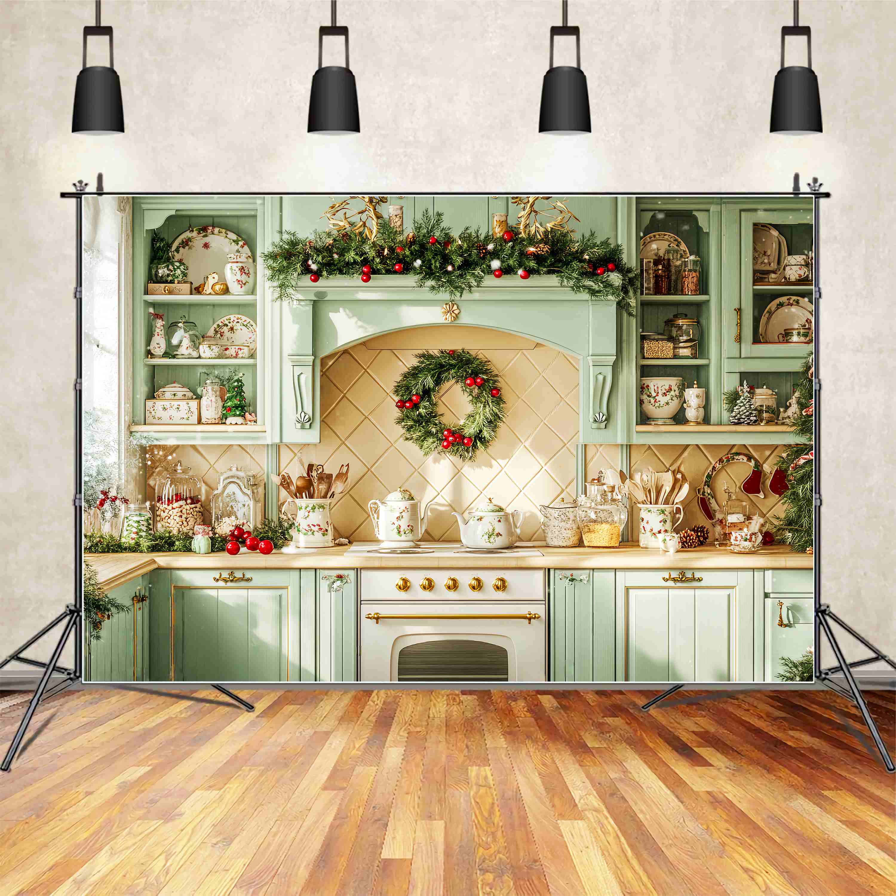 Christmas Kitchen Backdrop Mint Green Christmas Kitchen Christmas Backdrop LXX58-79