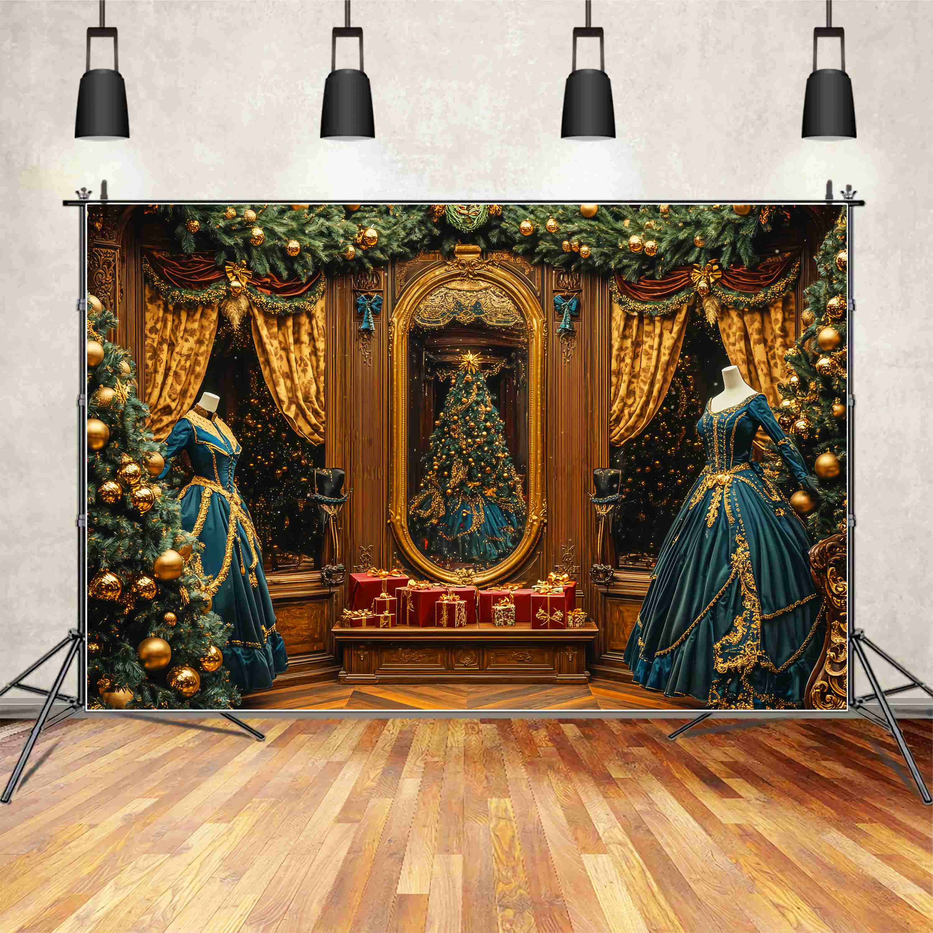 Christmas Backdrops 10x10 Victorian Golden Mirror Ballroom Christmas Photography Backdrops LXX58-80