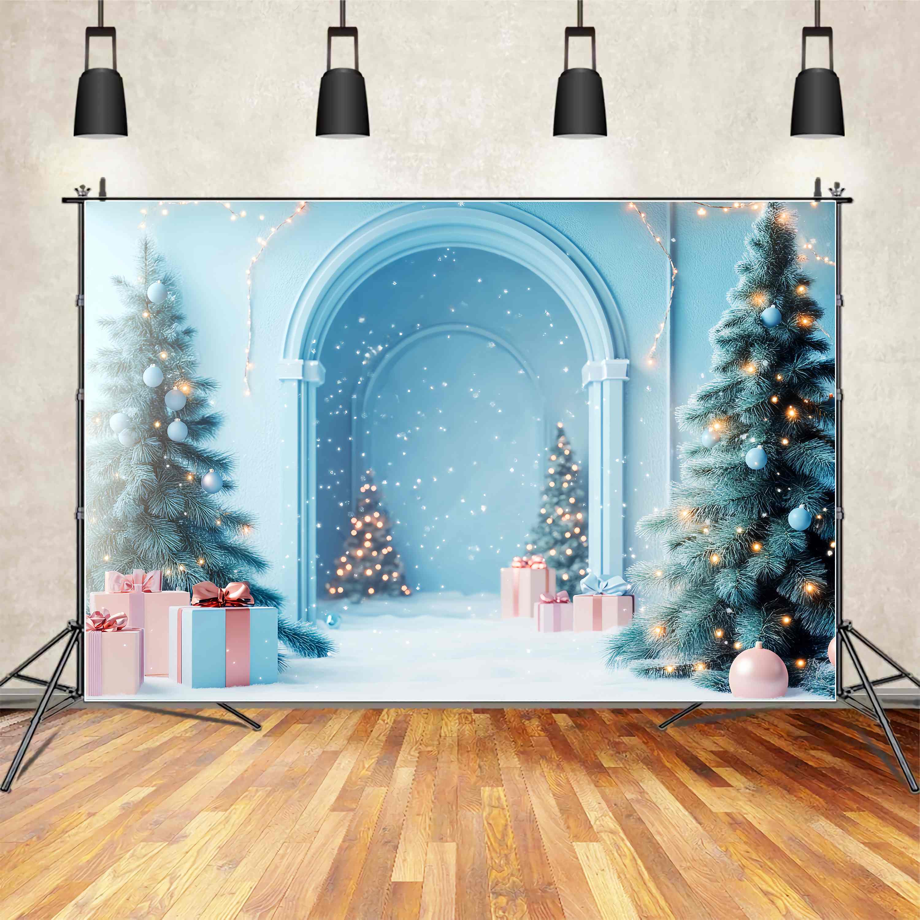 Christmas Wall Backdrop Frosty Blue Arch Snow Wonderland Christmas Backdrops for Photography LXX58-81