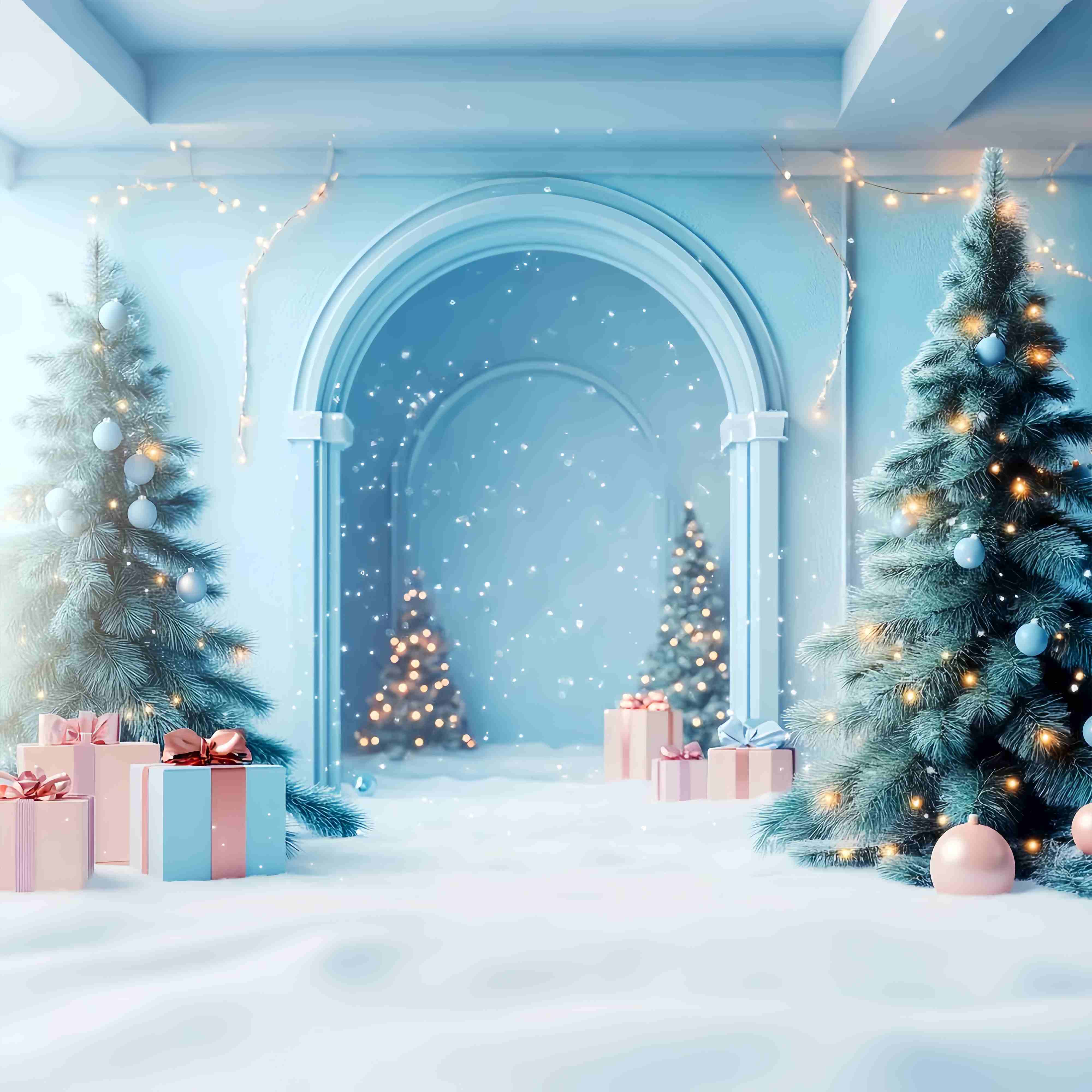 Christmas Wall Backdrop Frosty Blue Arch Snow Wonderland Christmas Backdrops for Photography LXX58-81