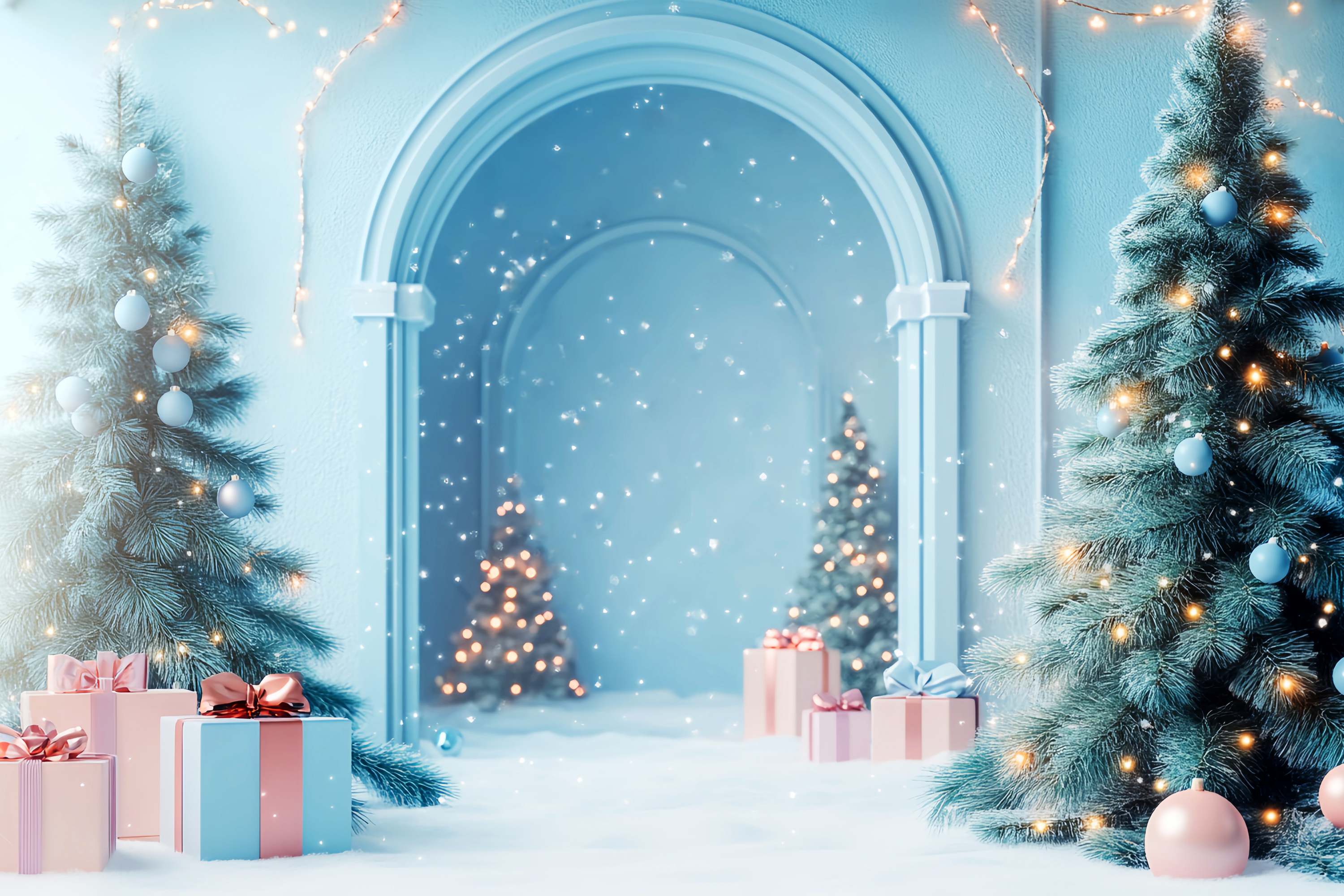 Christmas Wall Backdrop Frosty Blue Arch Snow Wonderland Christmas Backdrops for Photography LXX58-81