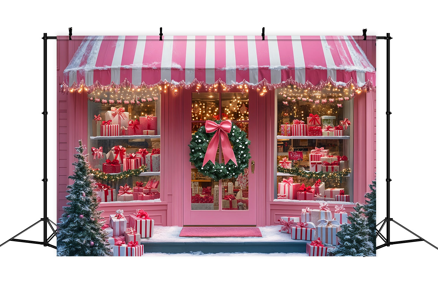 Santas Workshop Backdrop Pink Candy Stripe Gift Shop Christmas Photo Backdrops LXX58-82