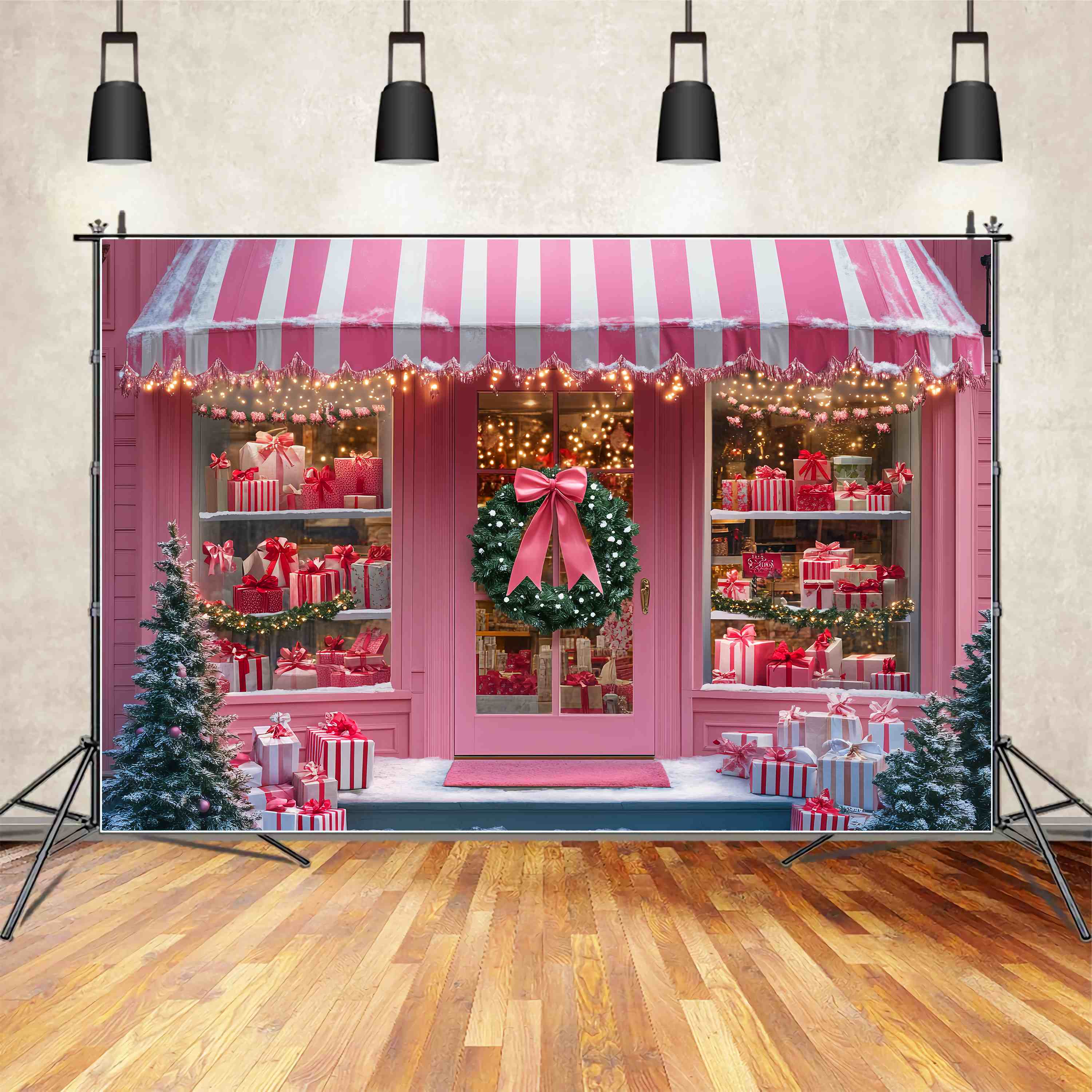 Santas Workshop Backdrop Pink Candy Stripe Gift Shop Christmas Photo Backdrops LXX58-82