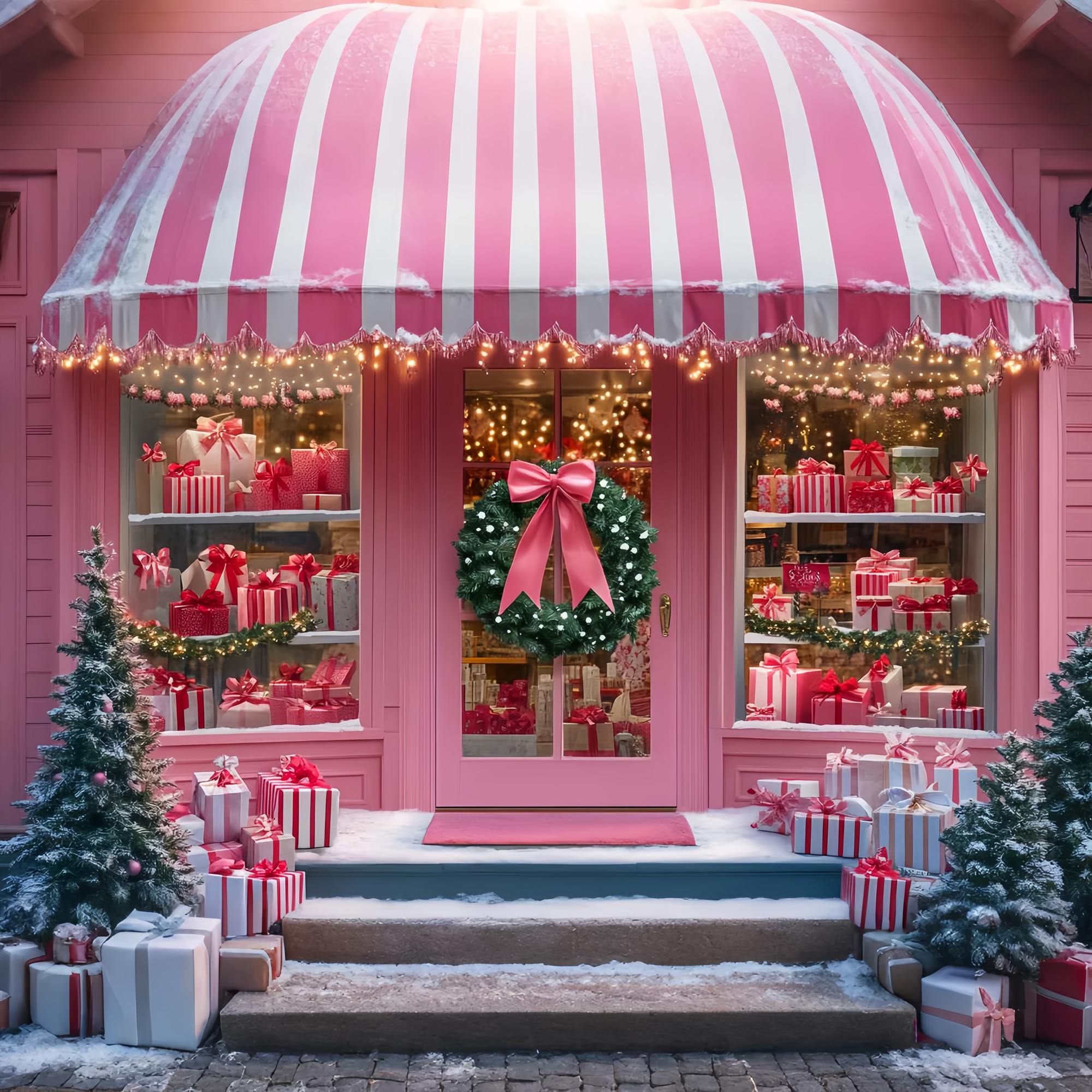 Santas Workshop Backdrop Pink Candy Stripe Gift Shop Christmas Photo Backdrops LXX58-82