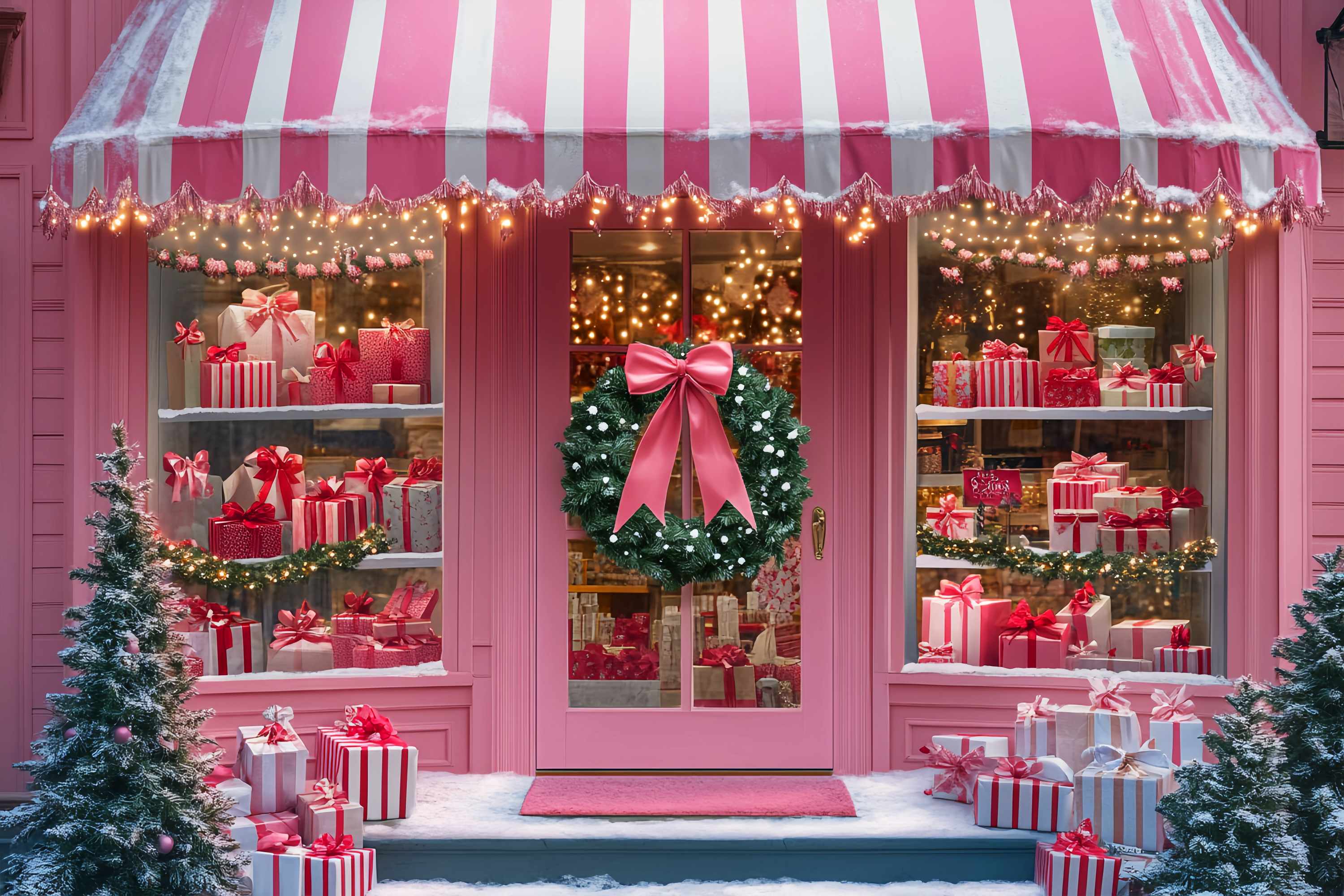 Santas Workshop Backdrop Pink Candy Stripe Gift Shop Christmas Photo Backdrops LXX58-82