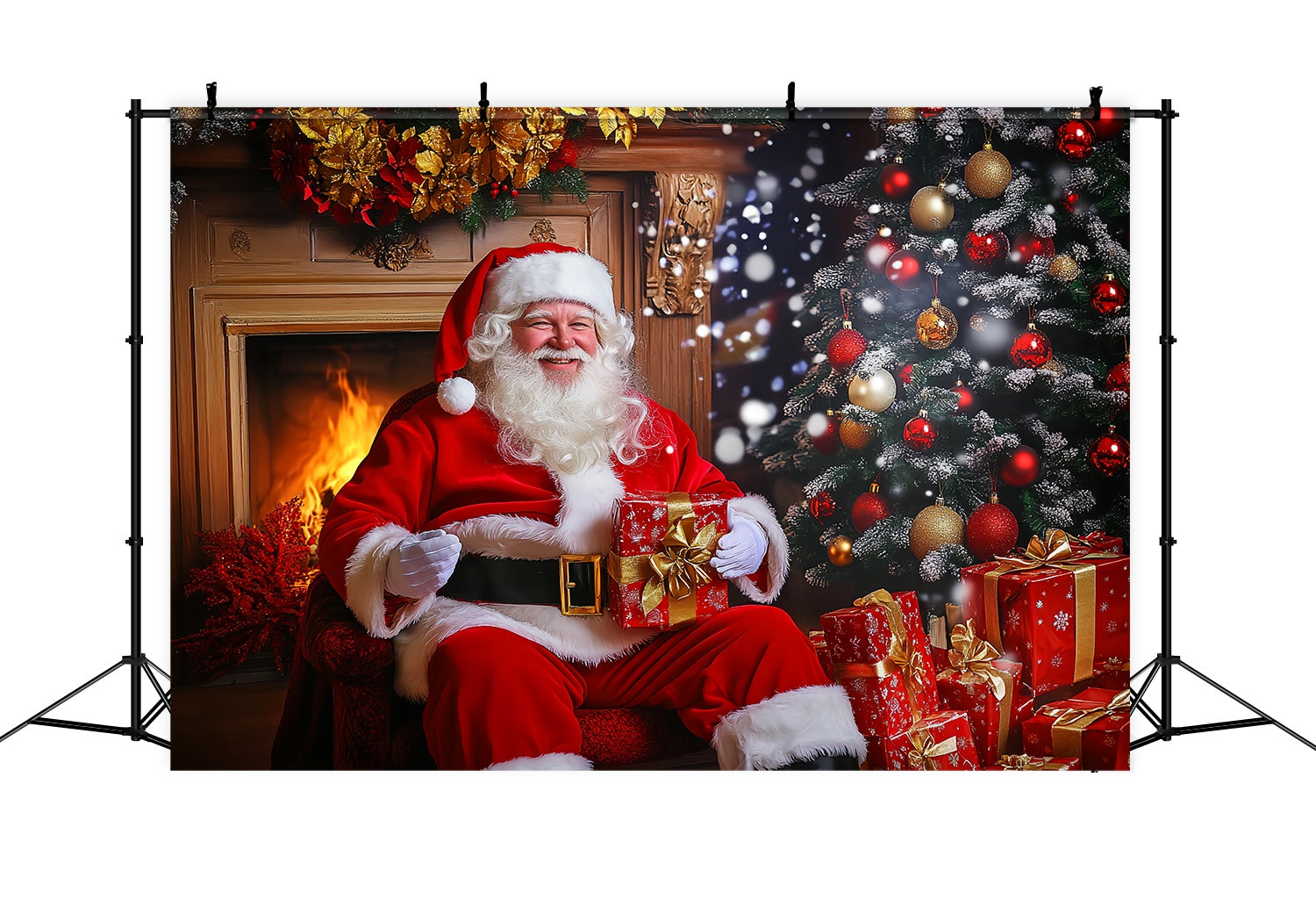 Santa Backdrop Santa Claus Fireplace Gift Time Christmas Backdrop LXX58-85