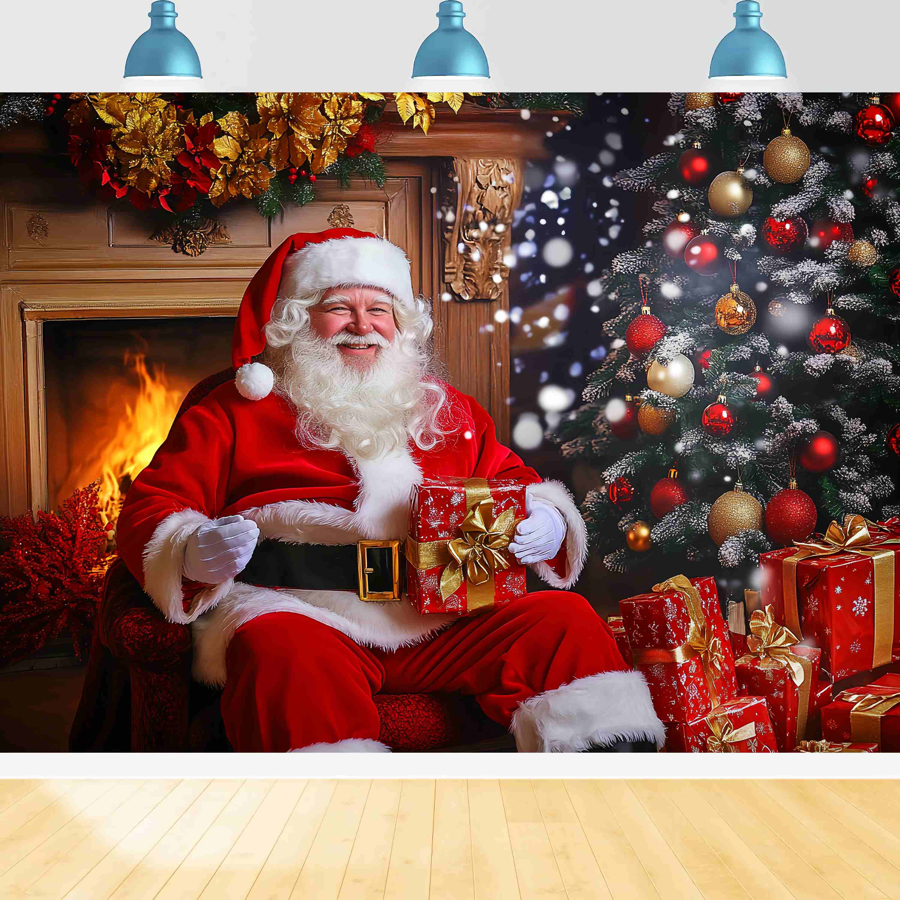 Santa Backdrop Santa Claus Fireplace Gift Time Christmas Backdrop LXX58-85