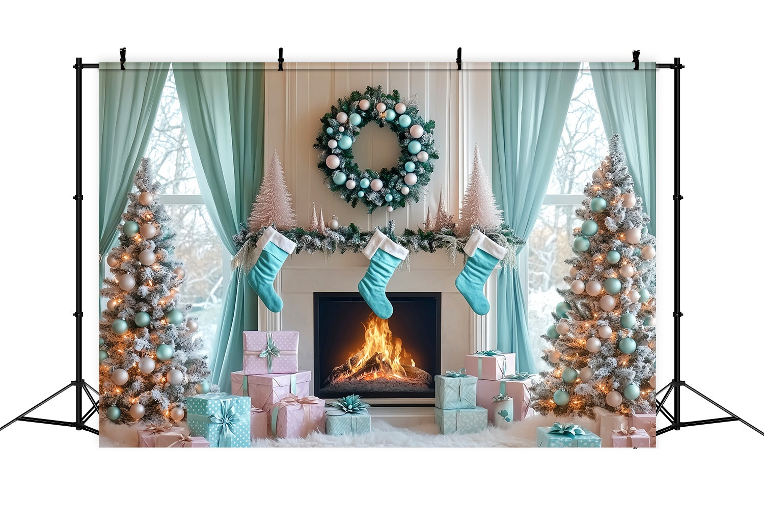 Christmas Fireplace Backdrop Aqua Stocking Fireplace Morning Christmas Backdrop ideas LXX58-87