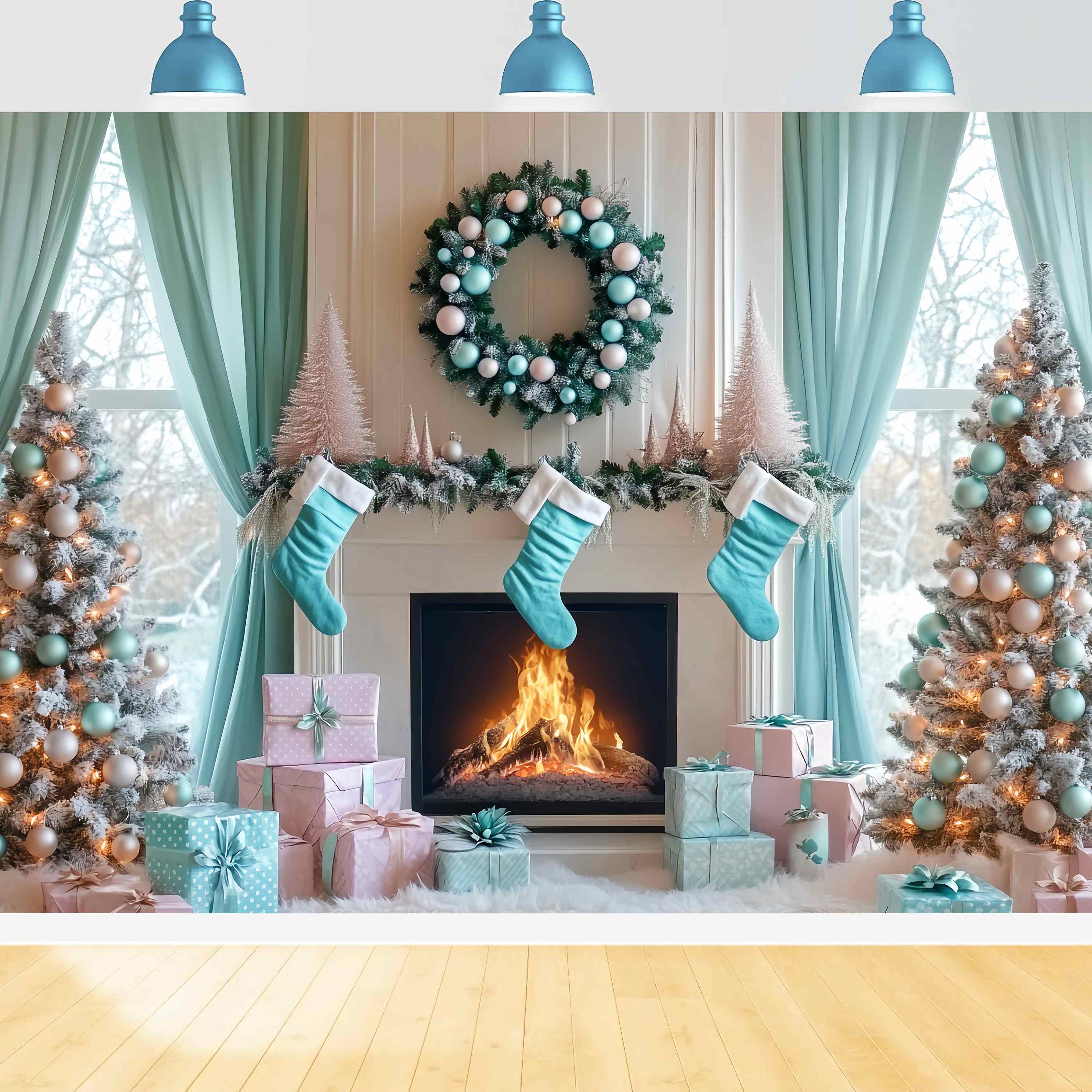 Christmas Fireplace Backdrop Aqua Stocking Fireplace Morning Christmas Backdrop ideas LXX58-87