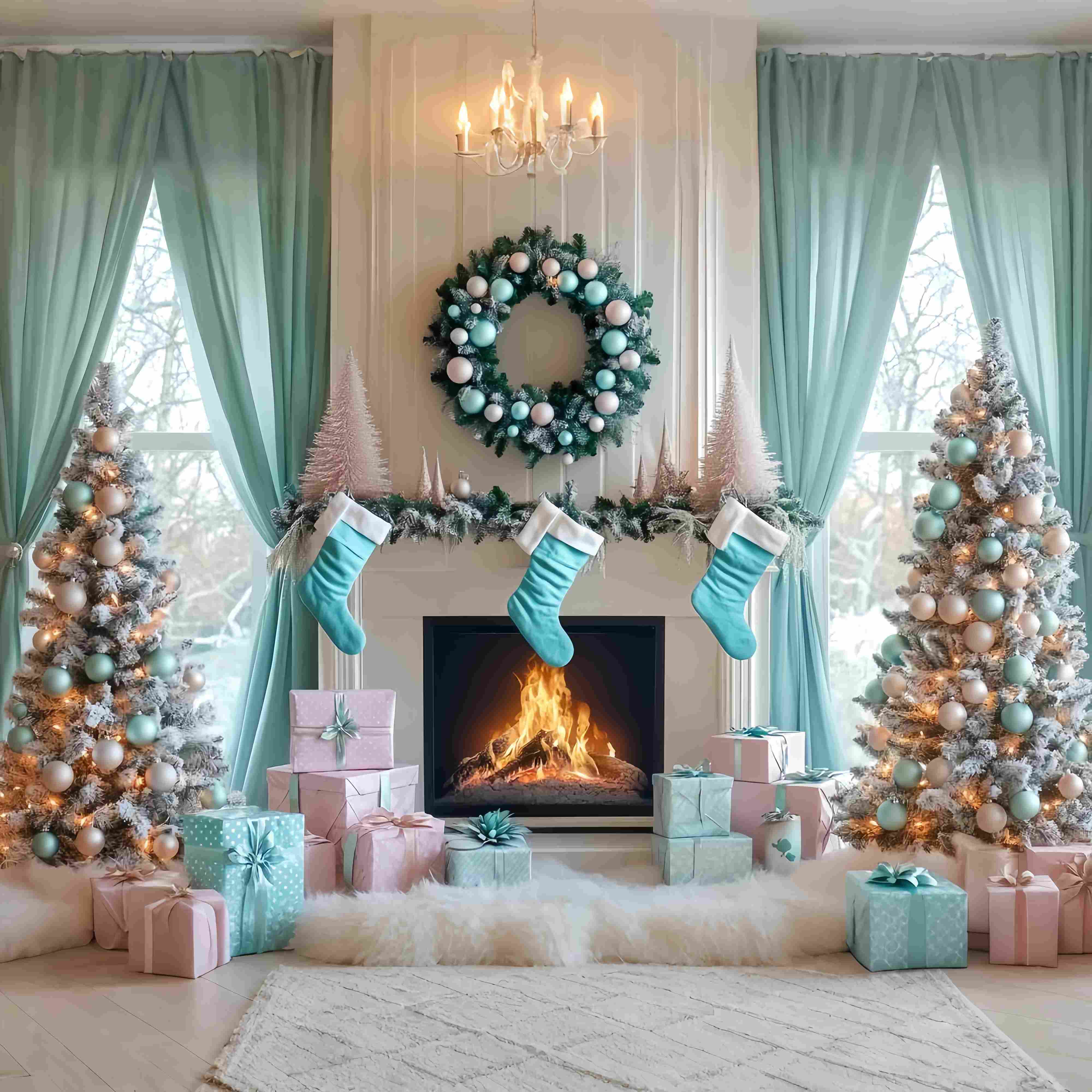 Christmas Fireplace Backdrop Aqua Stocking Fireplace Morning Christmas Backdrop ideas LXX58-87
