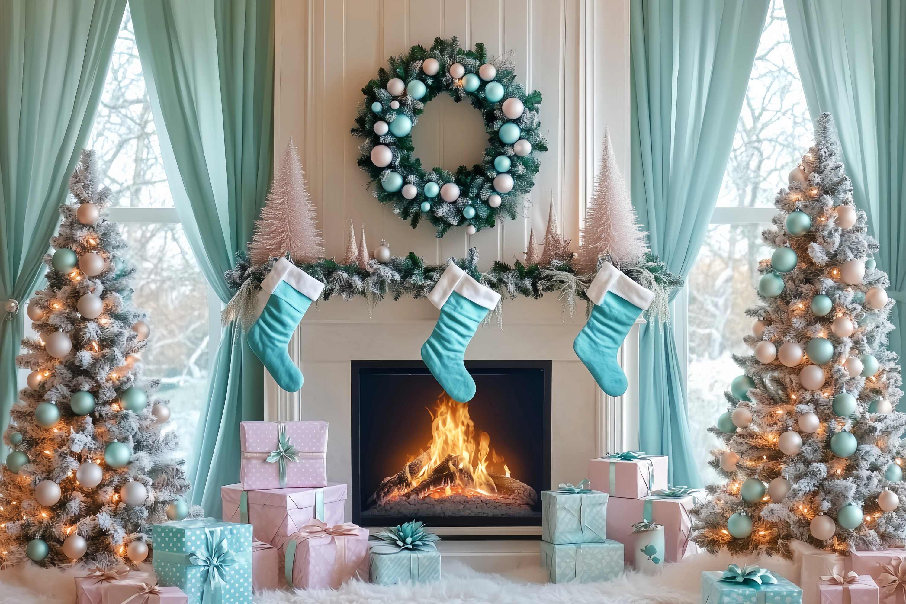 Christmas Fireplace Backdrop Aqua Stocking Fireplace Morning Christmas Backdrop ideas LXX58-87