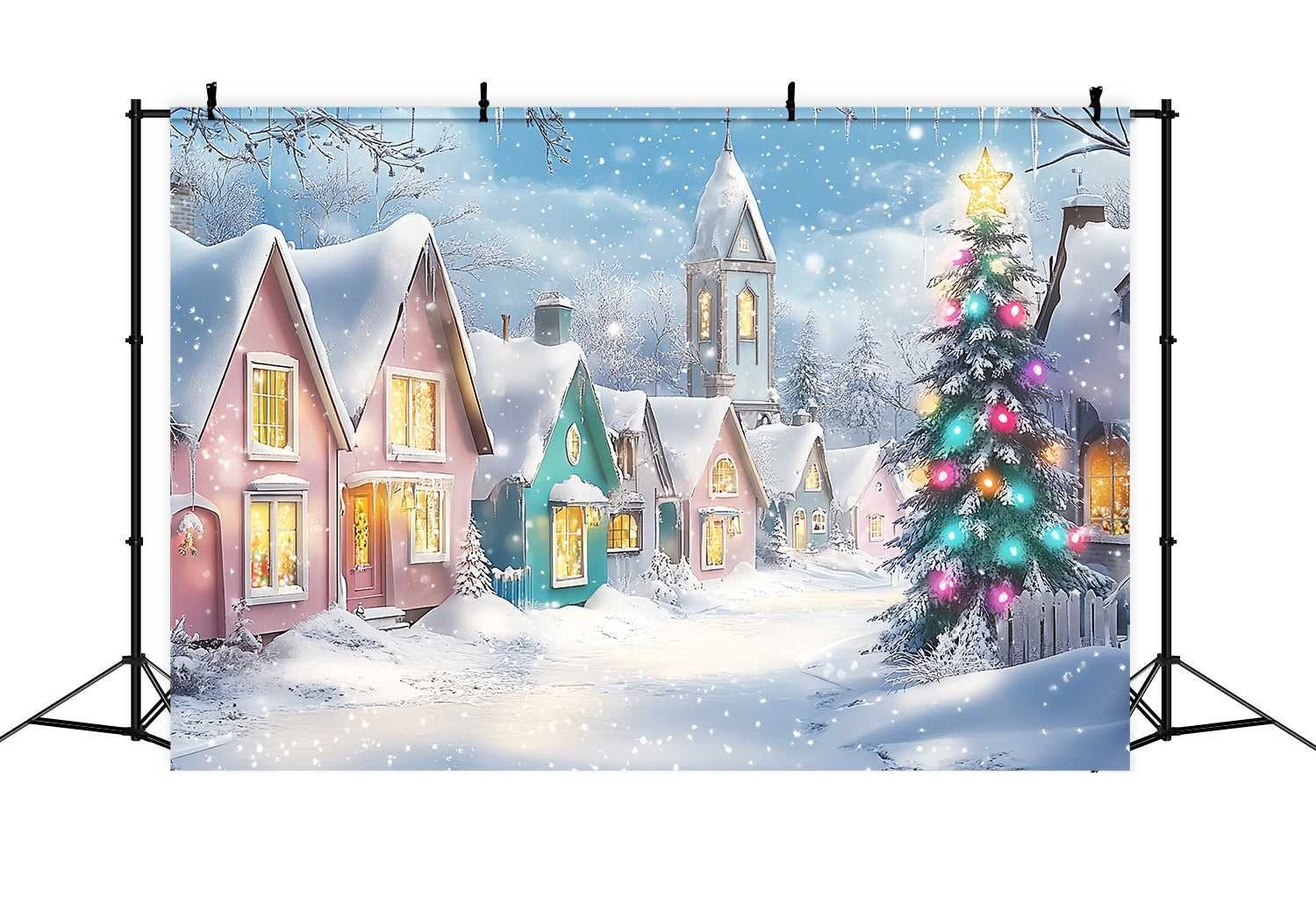 Christmas Village Backdrop Pastel Winter Village Snowfall Christmas Backdrop Photography LXX58-95