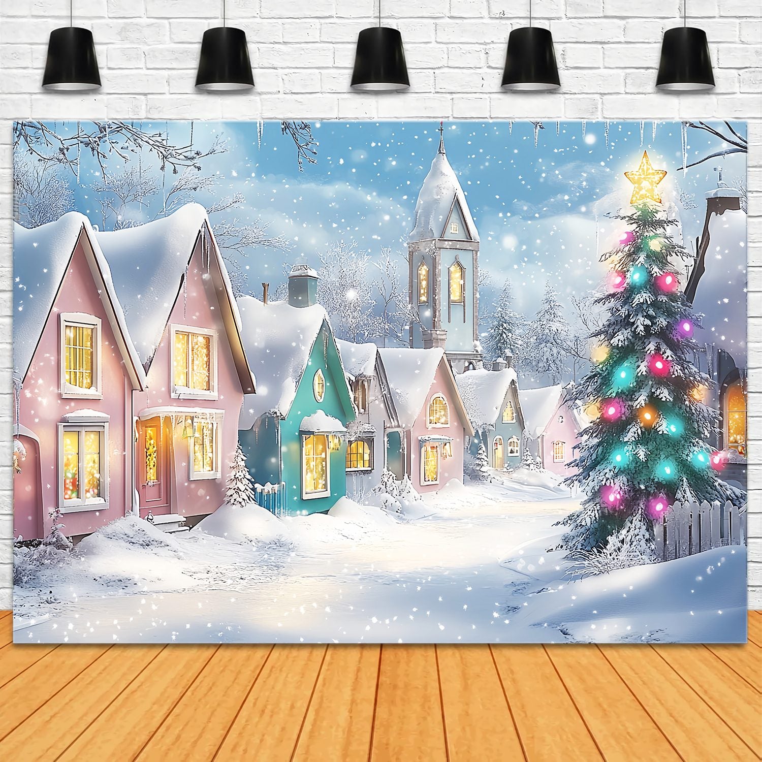 Christmas Village Backdrop Pastel Winter Village Snowfall Christmas Backdrop Photography LXX58-95