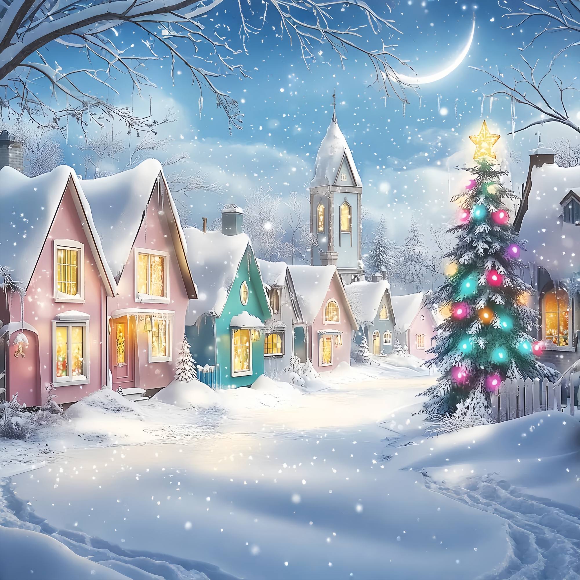 Christmas Village Backdrop Pastel Winter Village Snowfall Christmas Backdrop Photography LXX58-95
