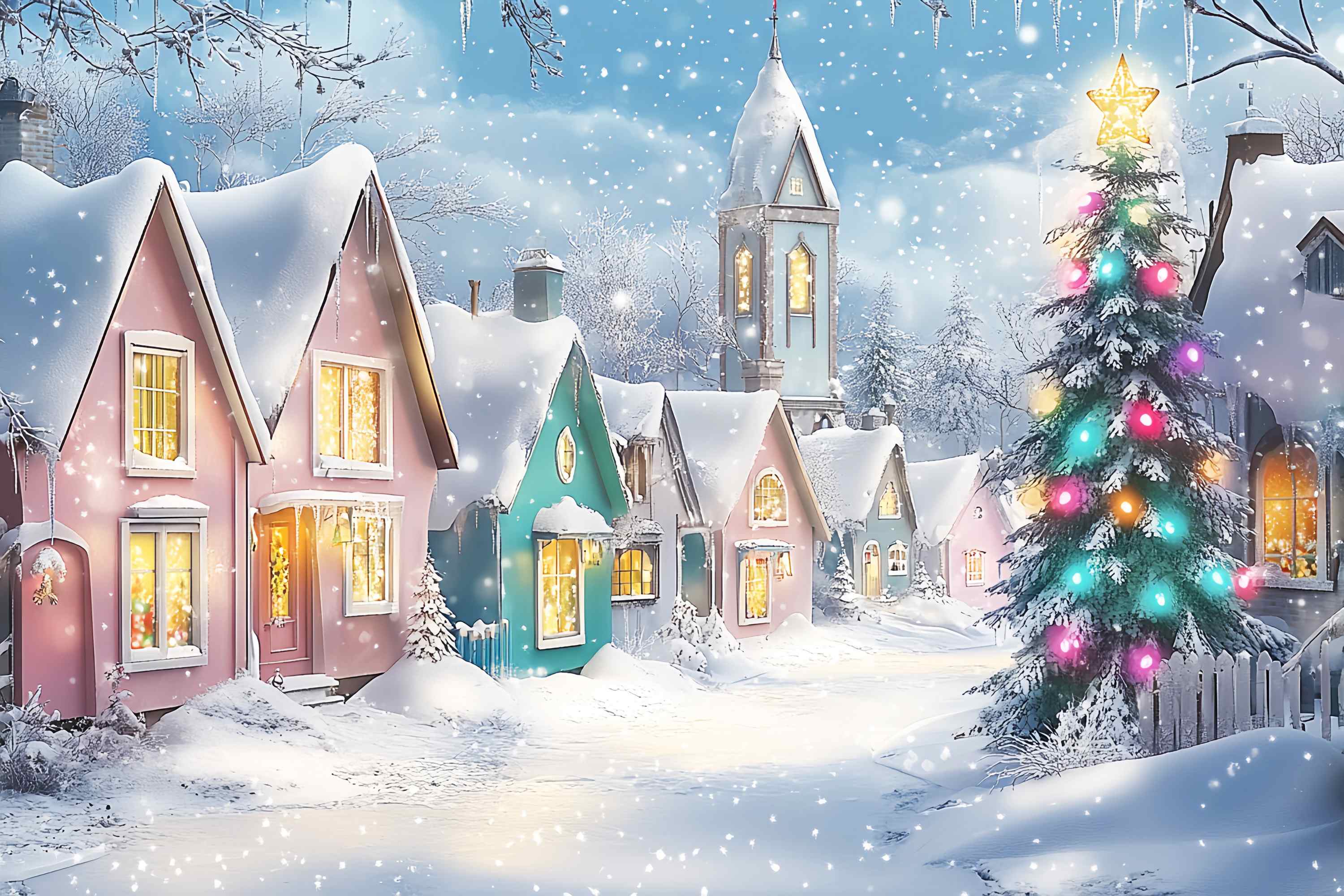Christmas Village Backdrop Pastel Winter Village Snowfall Christmas Backdrop Photography LXX58-95