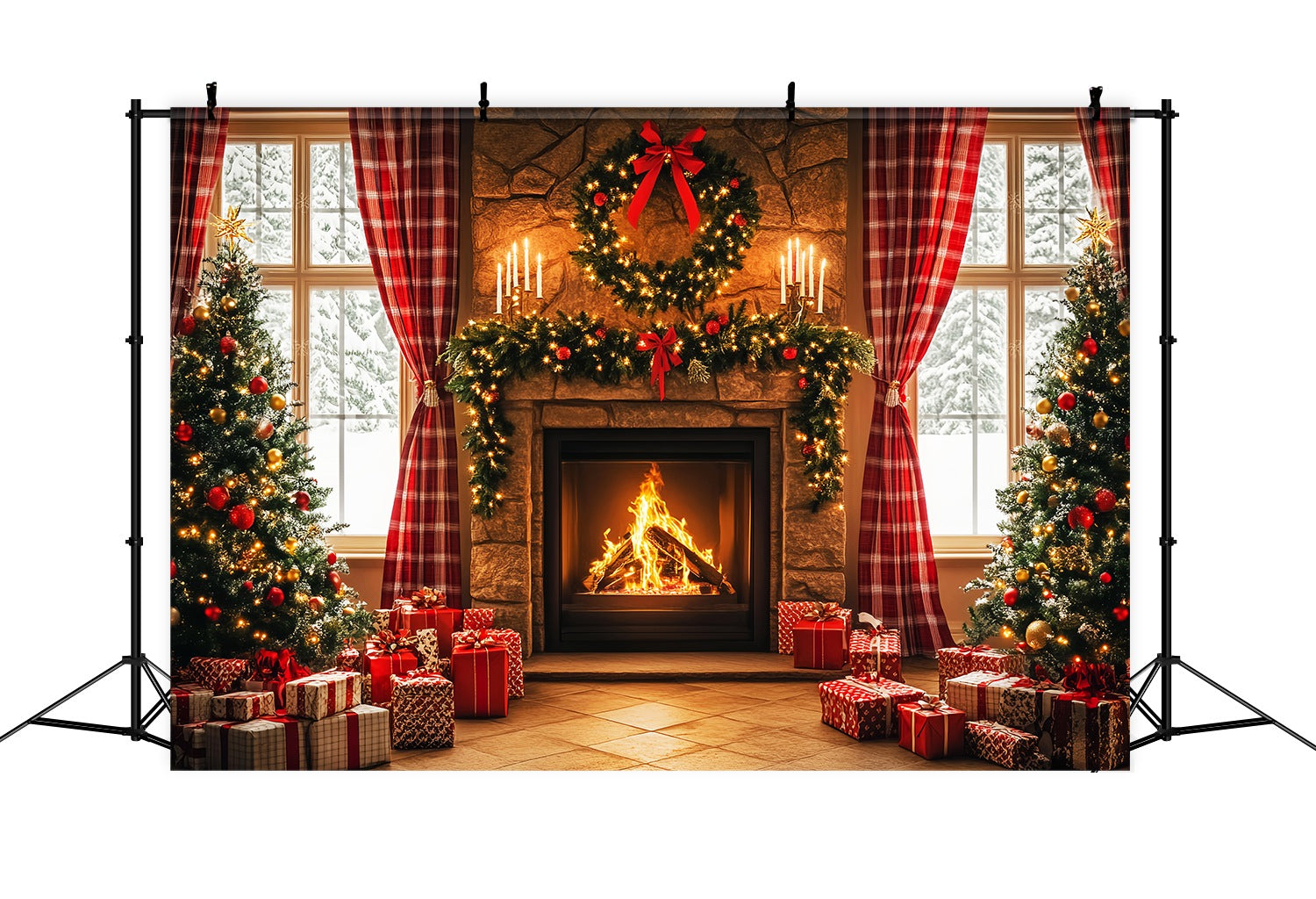 Christmas Fireplace Backdrop Plaid Cozy Fireplace Morning Christmas Photo Backdrop LXX58-96