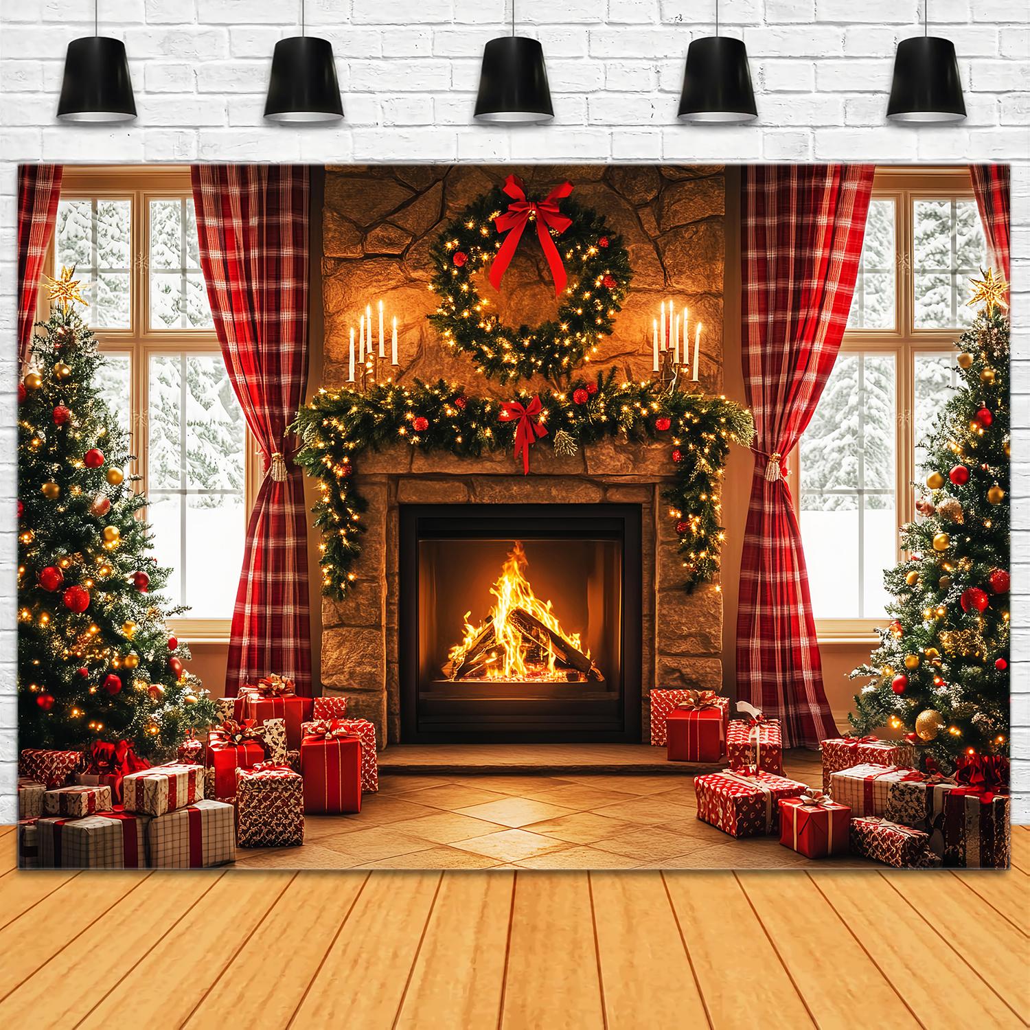 Christmas Fireplace Backdrop Plaid Cozy Fireplace Morning Christmas Photo Backdrop LXX58-96