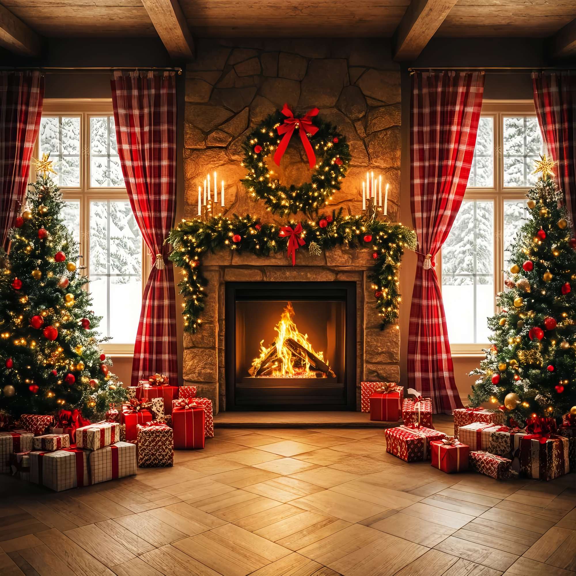 Christmas Fireplace Backdrop Plaid Cozy Fireplace Morning Christmas Photo Backdrop LXX58-96