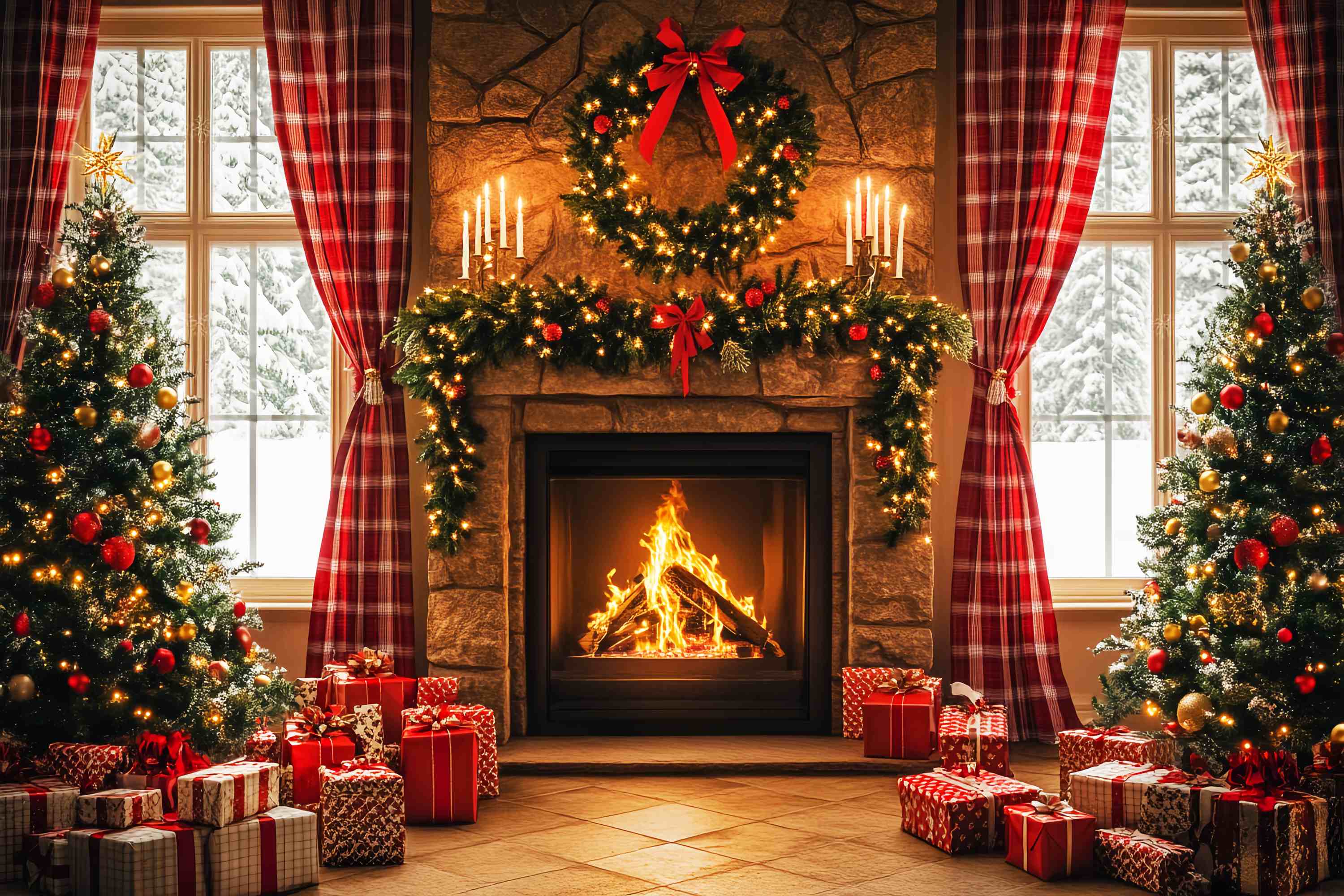 Christmas Fireplace Backdrop Plaid Cozy Fireplace Morning Christmas Photo Backdrop LXX58-96