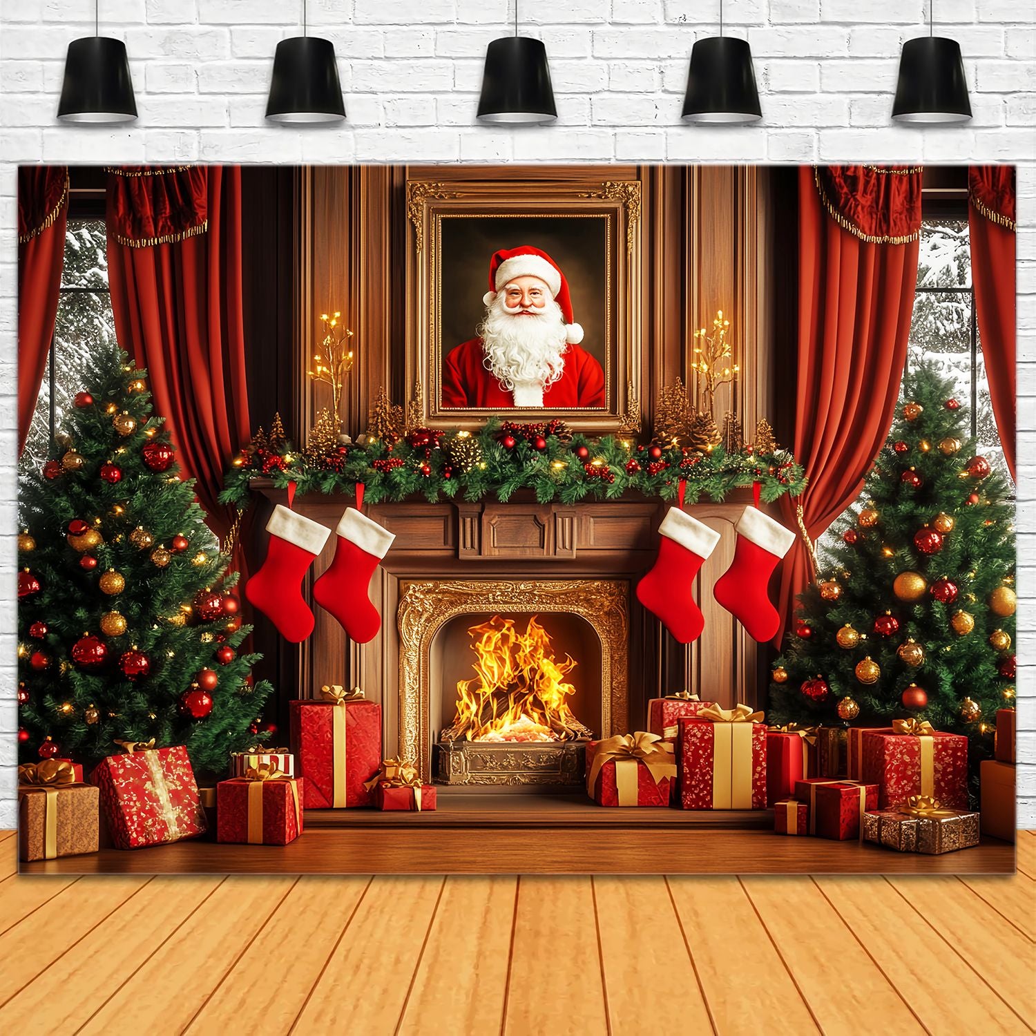 Santa Backdrop Santa Portrait Garland Mantel Christmas Backdrops Sale LXX58-97