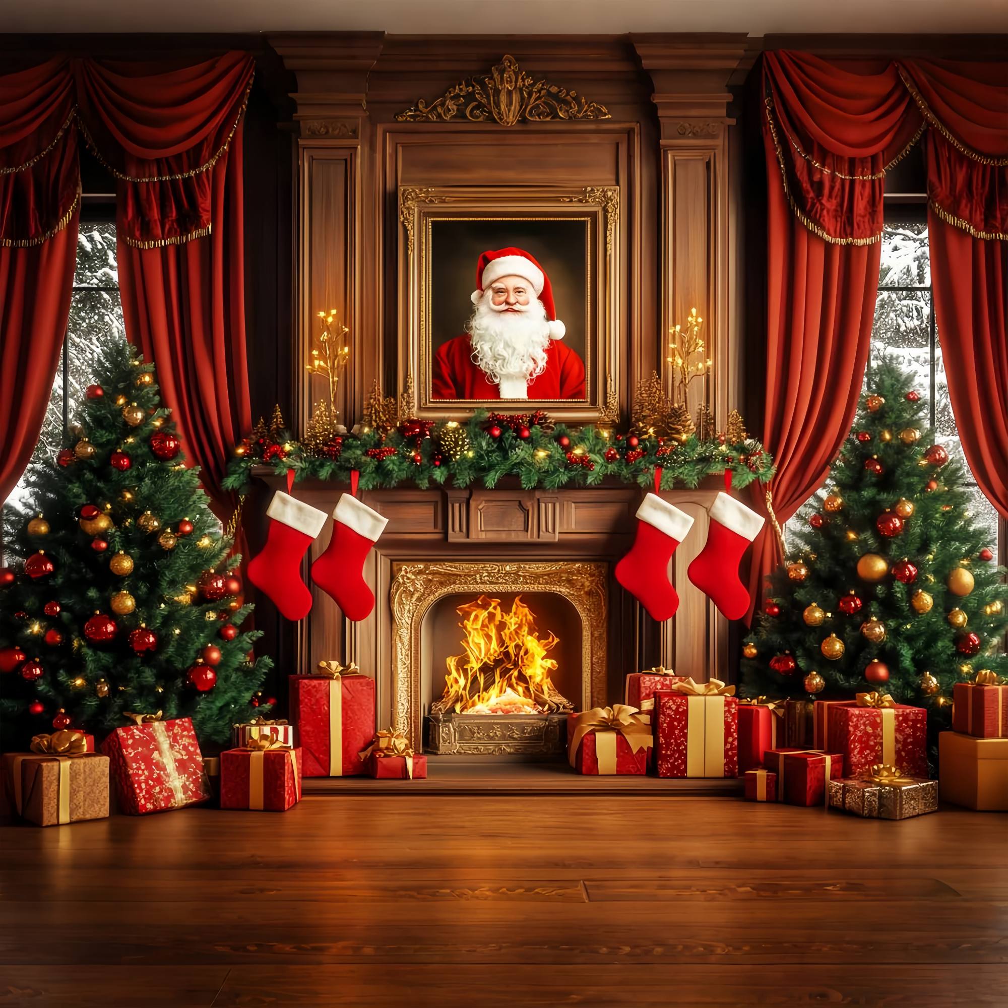 Santa Backdrop Santa Portrait Garland Mantel Christmas Backdrops Sale LXX58-97