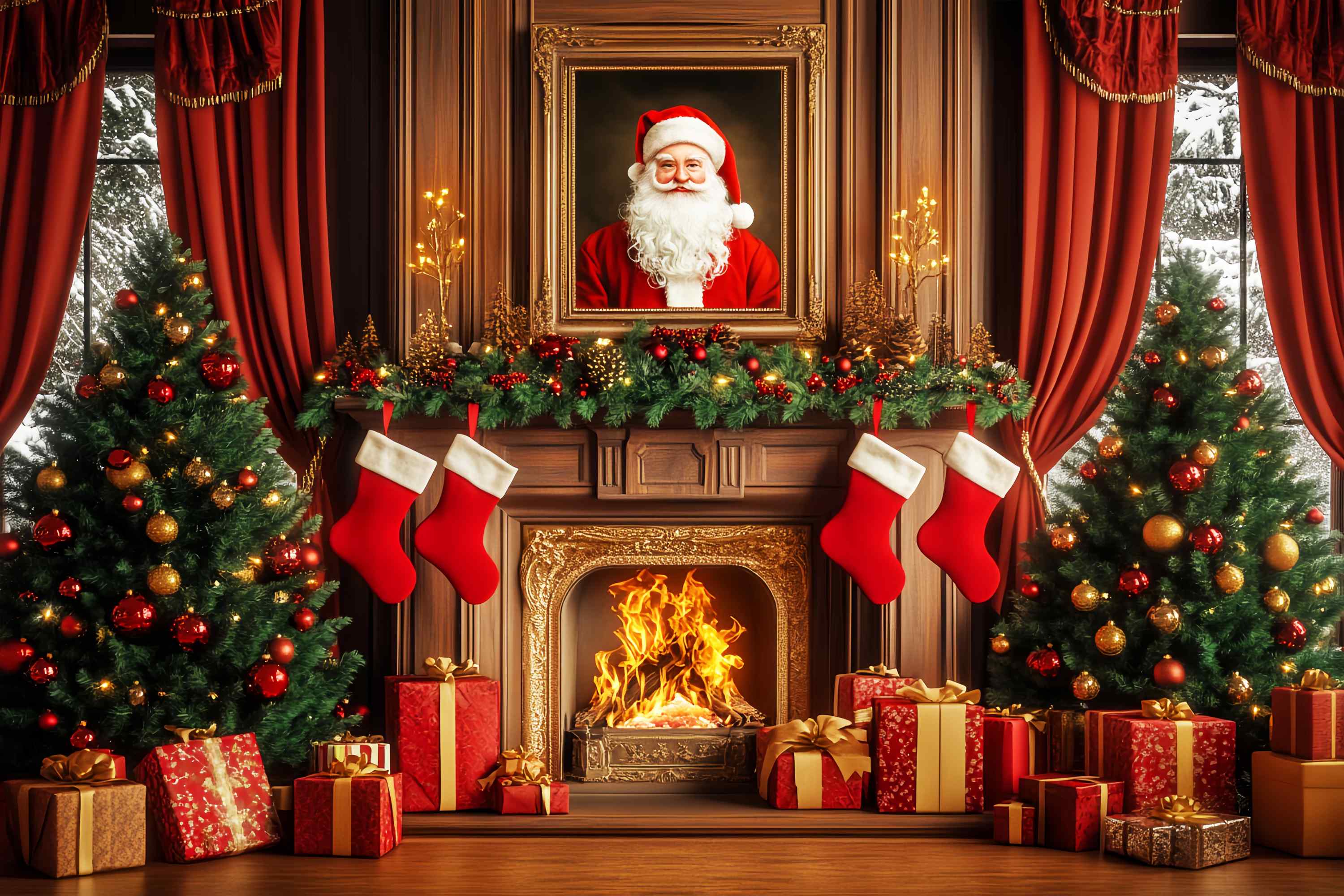 Santa Backdrop Santa Portrait Garland Mantel Christmas Backdrops Sale LXX58-97
