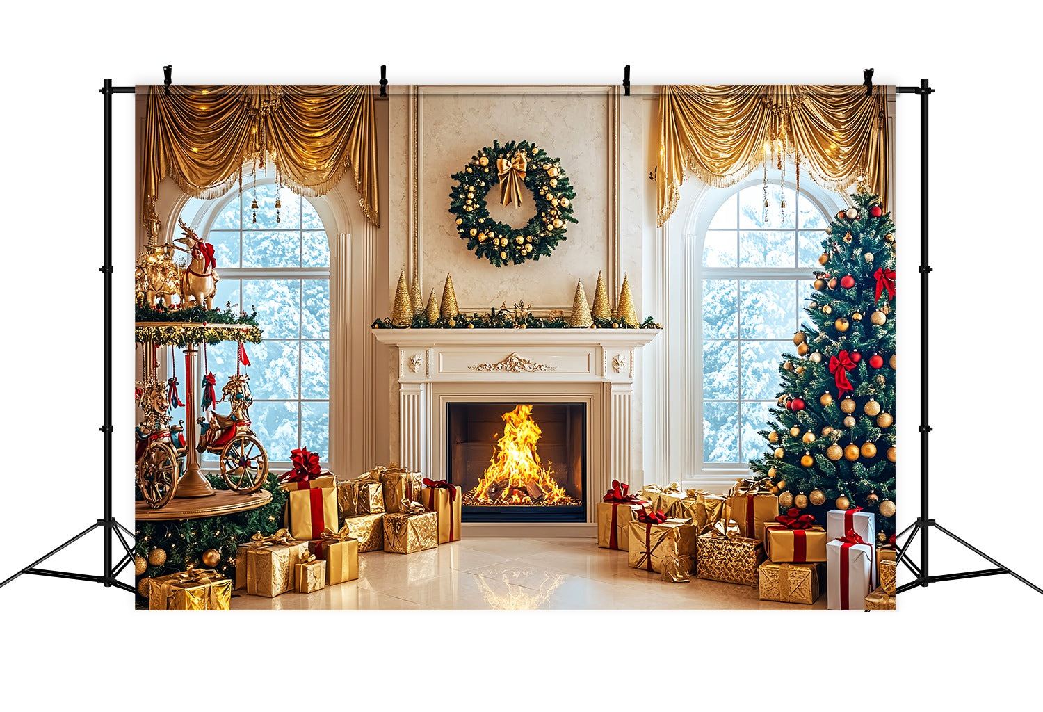 Christmas Fireplace Backdrop Golden Luxe Carousel Fireplace High Resolution Christmas Backdrop LXX58-98
