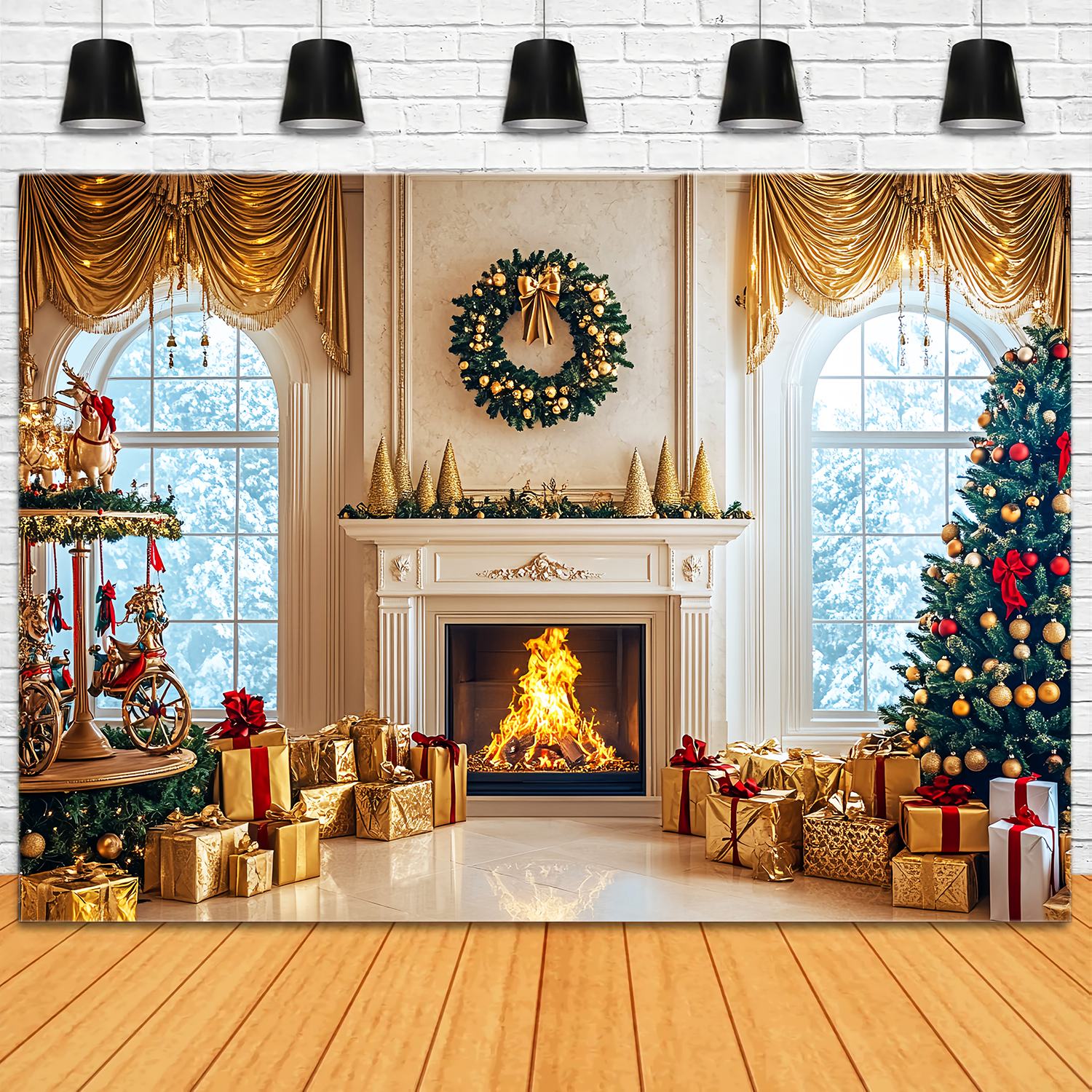 Christmas Fireplace Backdrop Golden Luxe Carousel Fireplace High Resolution Christmas Backdrop LXX58-98