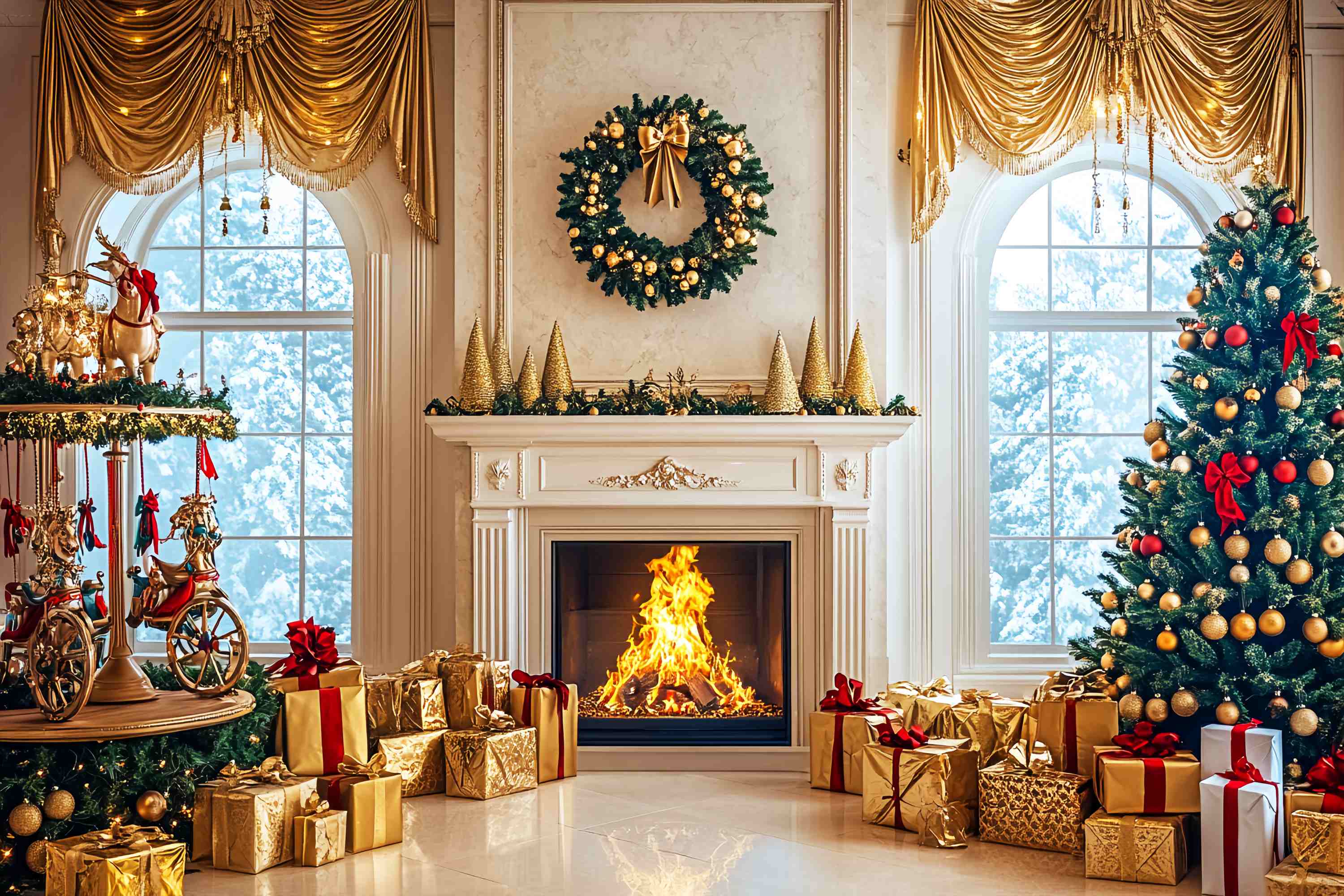 Christmas Fireplace Backdrop Golden Luxe Carousel Fireplace High Resolution Christmas Backdrop LXX58-98