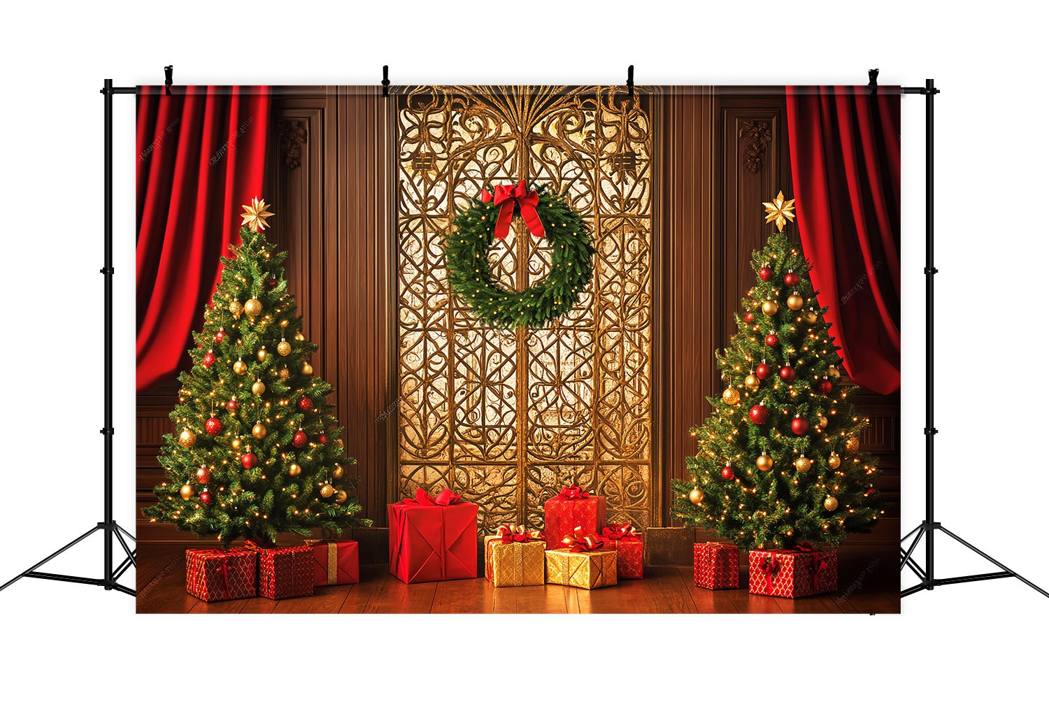 High Resolution Christmas Backdrop Golden Gate Wreath Gift Tree Christmas Backdrop LXX58-99