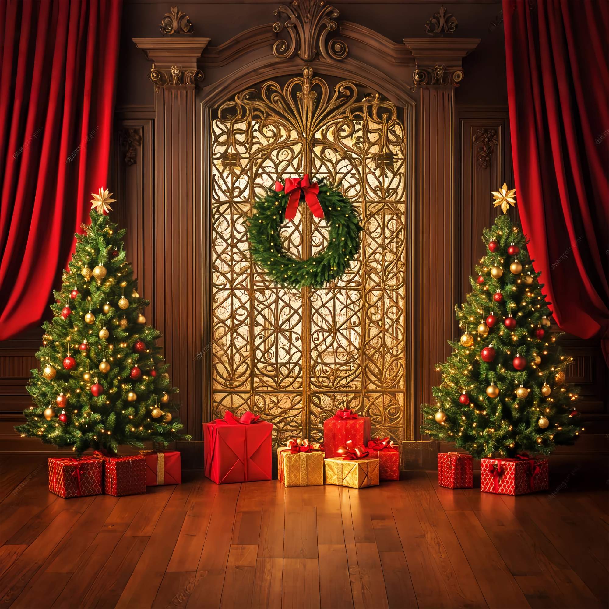 High Resolution Christmas Backdrop Golden Gate Wreath Gift Tree Christmas Backdrop LXX58-99